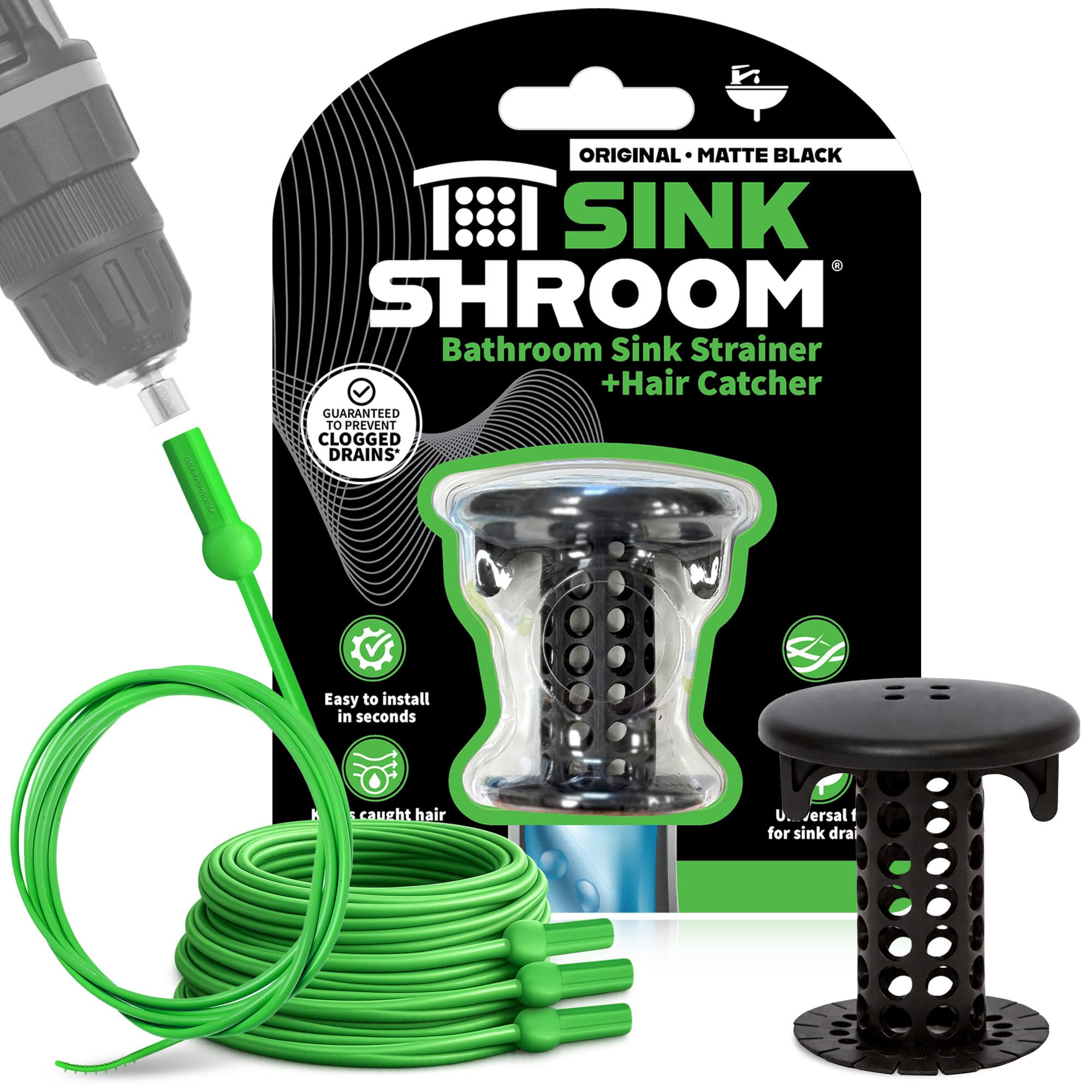 SinkShroom Hair Catcher, Matte Black Bathroom Sink Drain Protector, Hair Snare - Comes with 4 DrainShroom Toss Disposable Drain Snakes