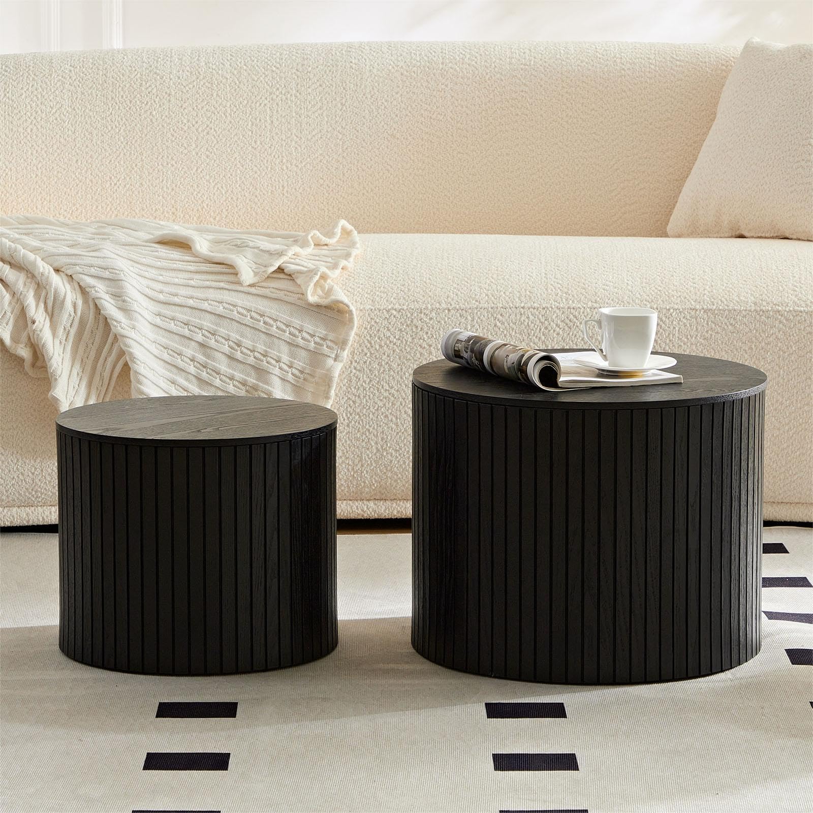 WAKEEPING Nesting Coffee Table Set of 2,Modern Round Wooden Coffee Tables with Storage, Luxury Fluted Side Table Accent End Table for Small Space Living Room Apartment (Black)