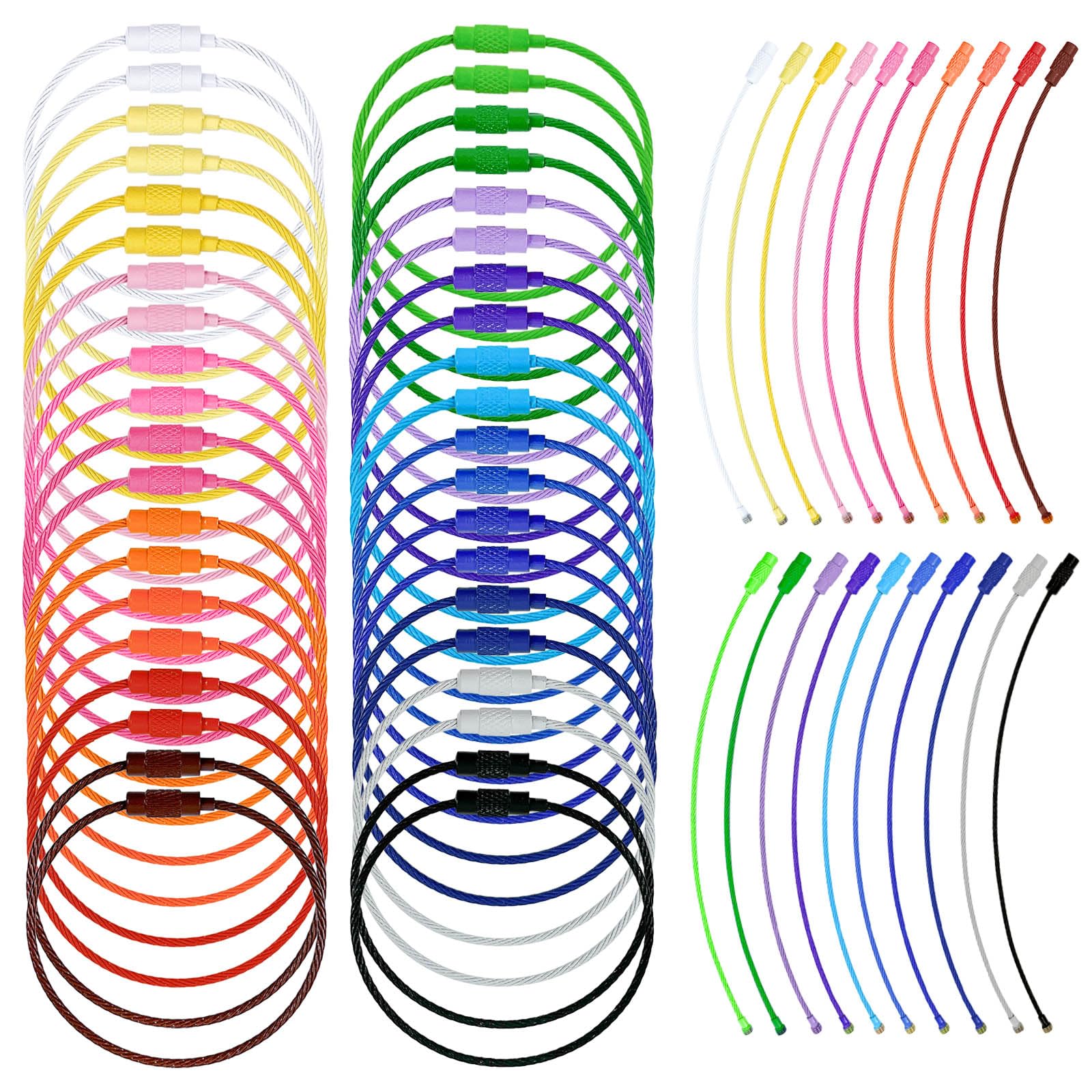 Binxus 60 Pcs Metal Wire Keychains, 6 Inches Colored Nylon Coated Stainless Steel Metal Wire Keychains with Cable Keyrings (Stainless Steel)