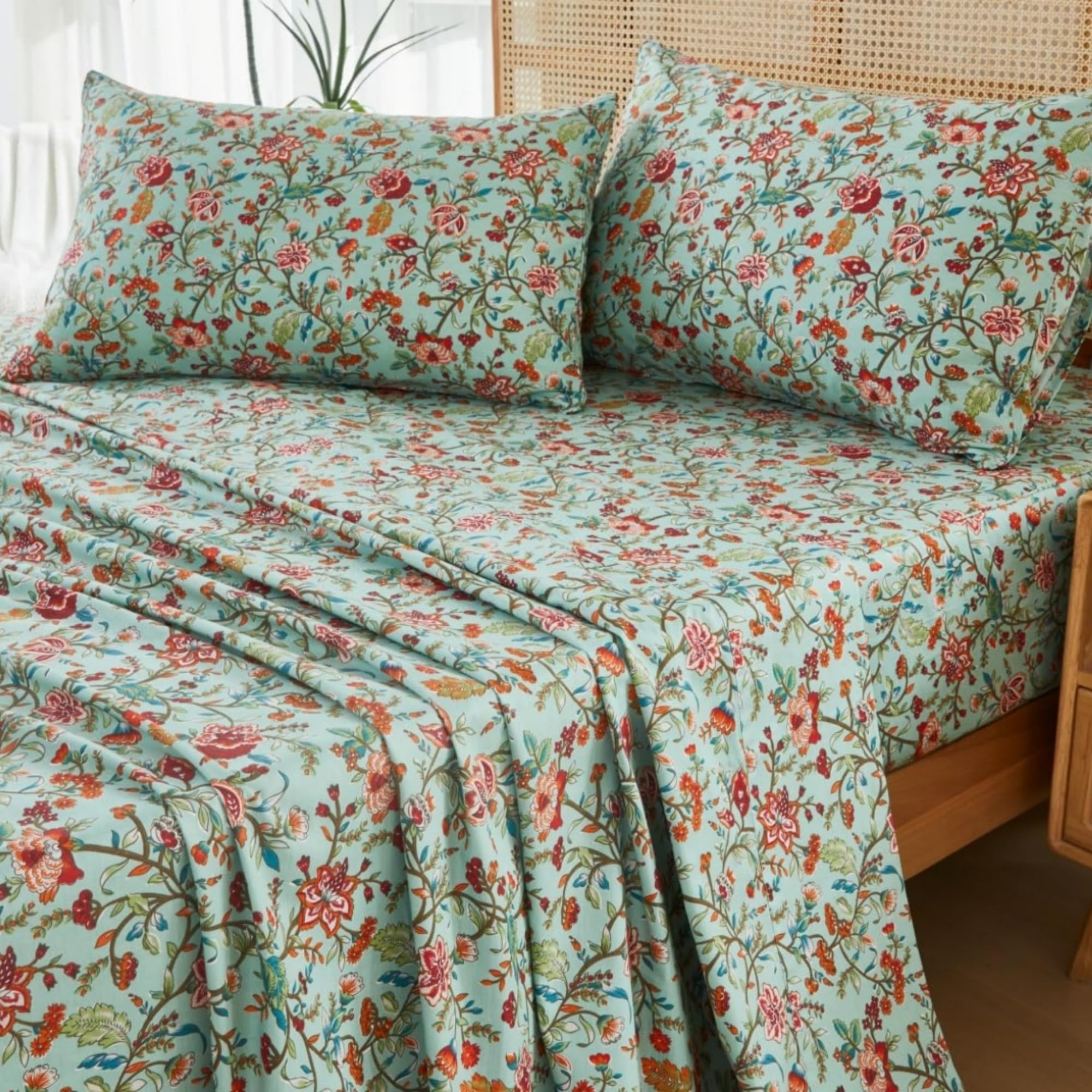 Lemfux Green Floral Bed Sheet Set Vintage Botanical Flower Print
