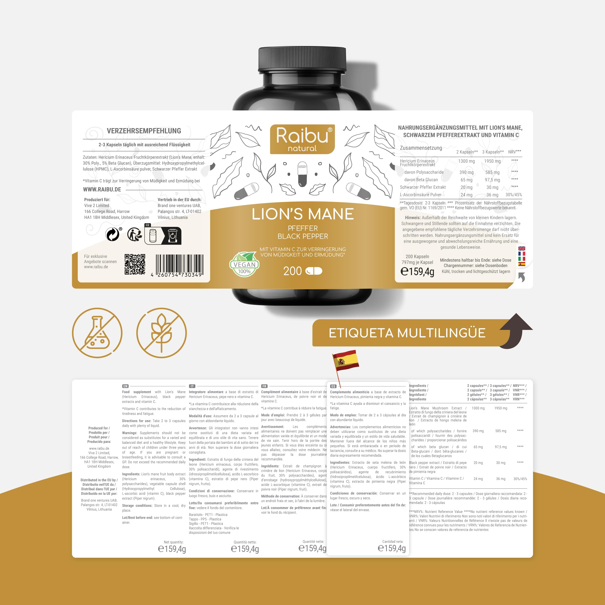 Melena de Leon 58.500 mg (30:1) por dosis diaria - Alta absorción Lions Mane (Hericium erinaceus) con vitamina C y pimienta negra - 30 % polisacáridos, 5 % betaglucanos - Sin OGM y Sin gluten
