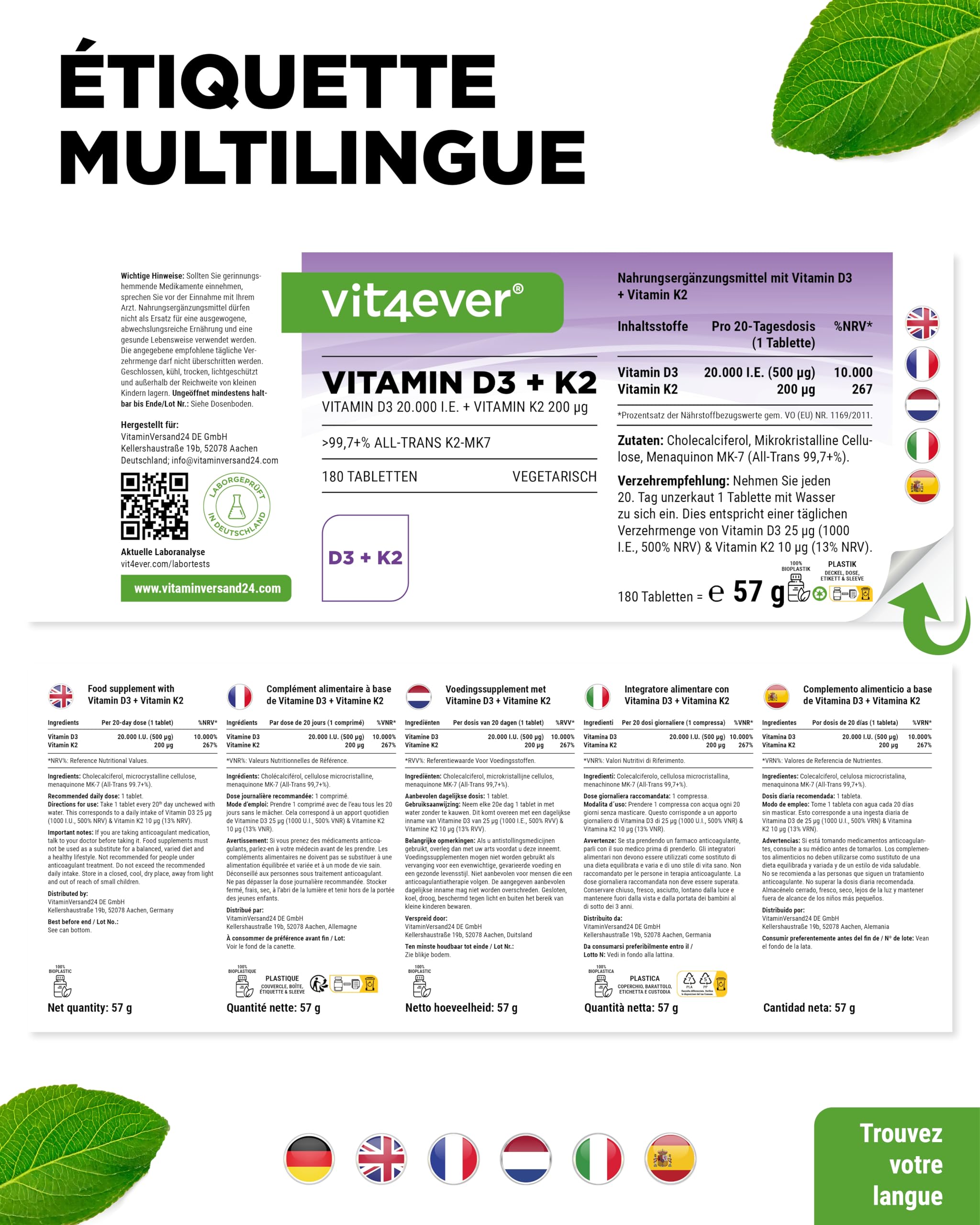 Vitamine D3 + K2 MK-7-180 Comprimés - 20.000 U.I. (500µg) Vitamine D3 & 200µg K2 par Comprimé - Matière Première Premium: 99,7+% All-Trans - Haute Pureté - Forte Dose - Végétarien