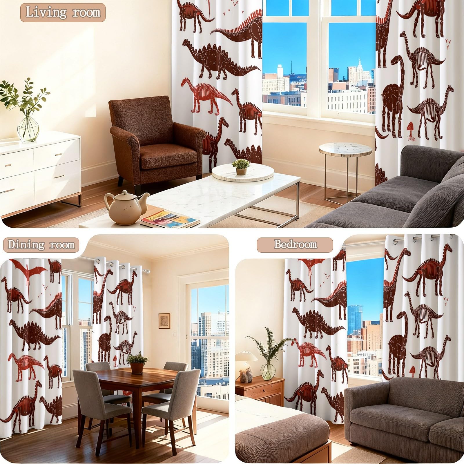 Rideaux Isolants 110L X 215H cm (2 Panneaux), Design Moderne Squelette De Dinosaure Marron, Tenture Opaque Anti-Chaleur pour Chambre Principale, Blanc