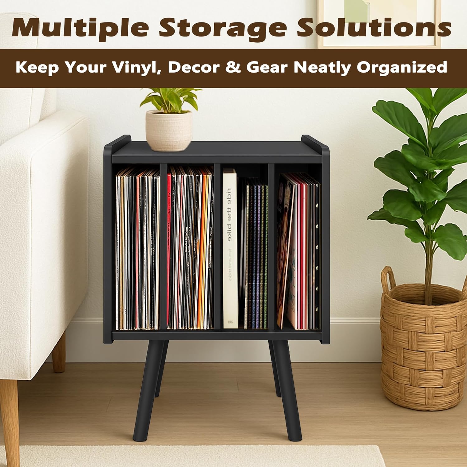 Record Player Stand, Vinyl Record Storage Table with 4 Cabinet, Mid Century Modern Turntable Stand, Organizer Vinyl Table for Bedroom Living Room(Black)