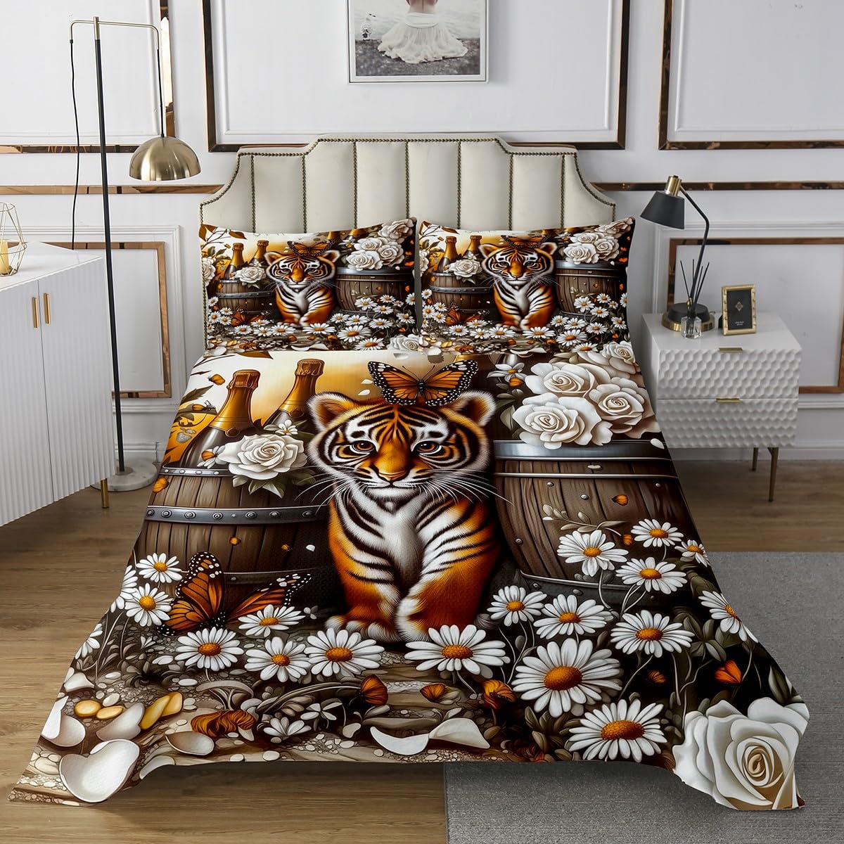 Erosebridal Cute Tiger Bedspread Set Queen,Wildlife Animal Quilt Set for Kids Boys Girls,Roses Wooden Barrel Coverlet Set Rustic Flowers Bedding Set 2 Pillow Cases