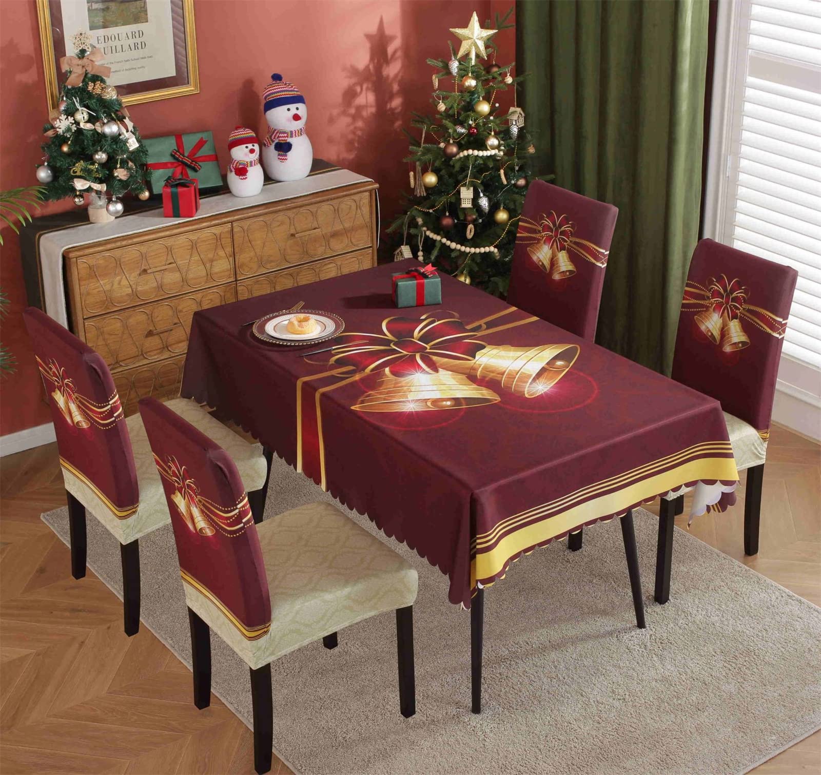 Eco-Ancheng Xmas Tablecloth Christmas Table Clothes Stretchable Dining Chair Covers Slipcover Winter Holiday Table Covers Table Clothes for Christmas Decor with 4PCS Christmas Chair Covers,55x70in,08
