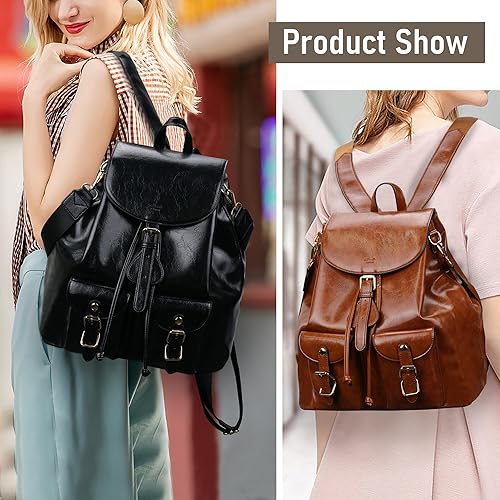 Miniatura 2 de Chillo - Mochila grande de cuero vegano para mujer, diseño multiusos, con cordón, Negro -, Mochilas de mochila