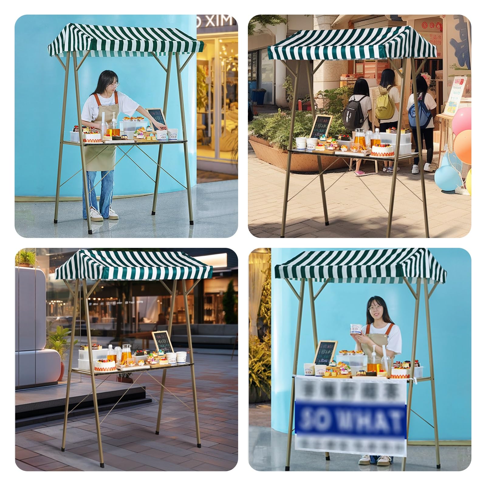 Puesto de Venta Plegable con Toldo, Puesto Ambulante Resistente para Mercado Agrícola, Stand de Venta con Mesa – Puesto para Ferias Exterior(130x60x200cm/51x24x79in)
