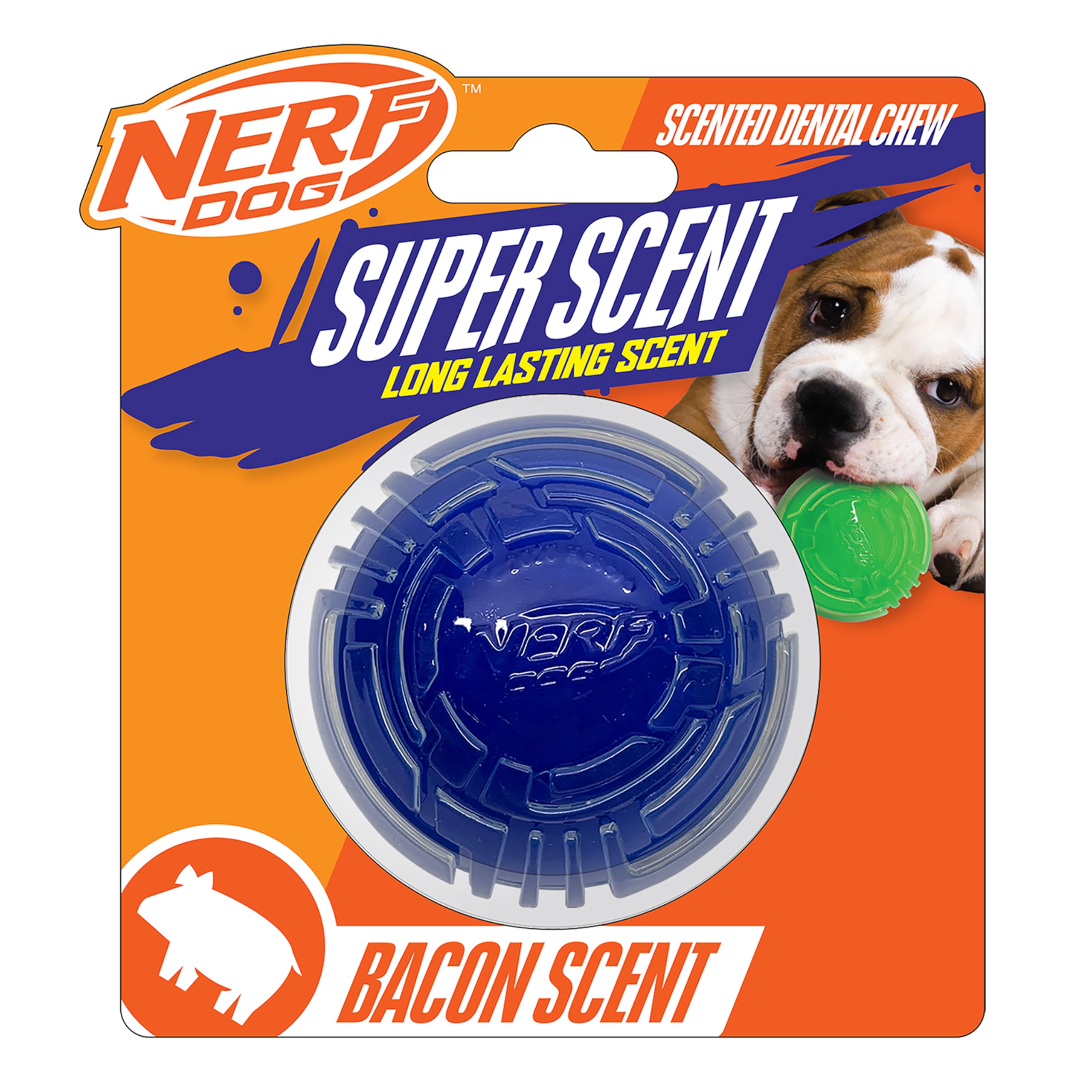 Nerf Dog 2.5in TPR/PP Scented Bacon SuperScent Ball Solid Core -Clear/Blue