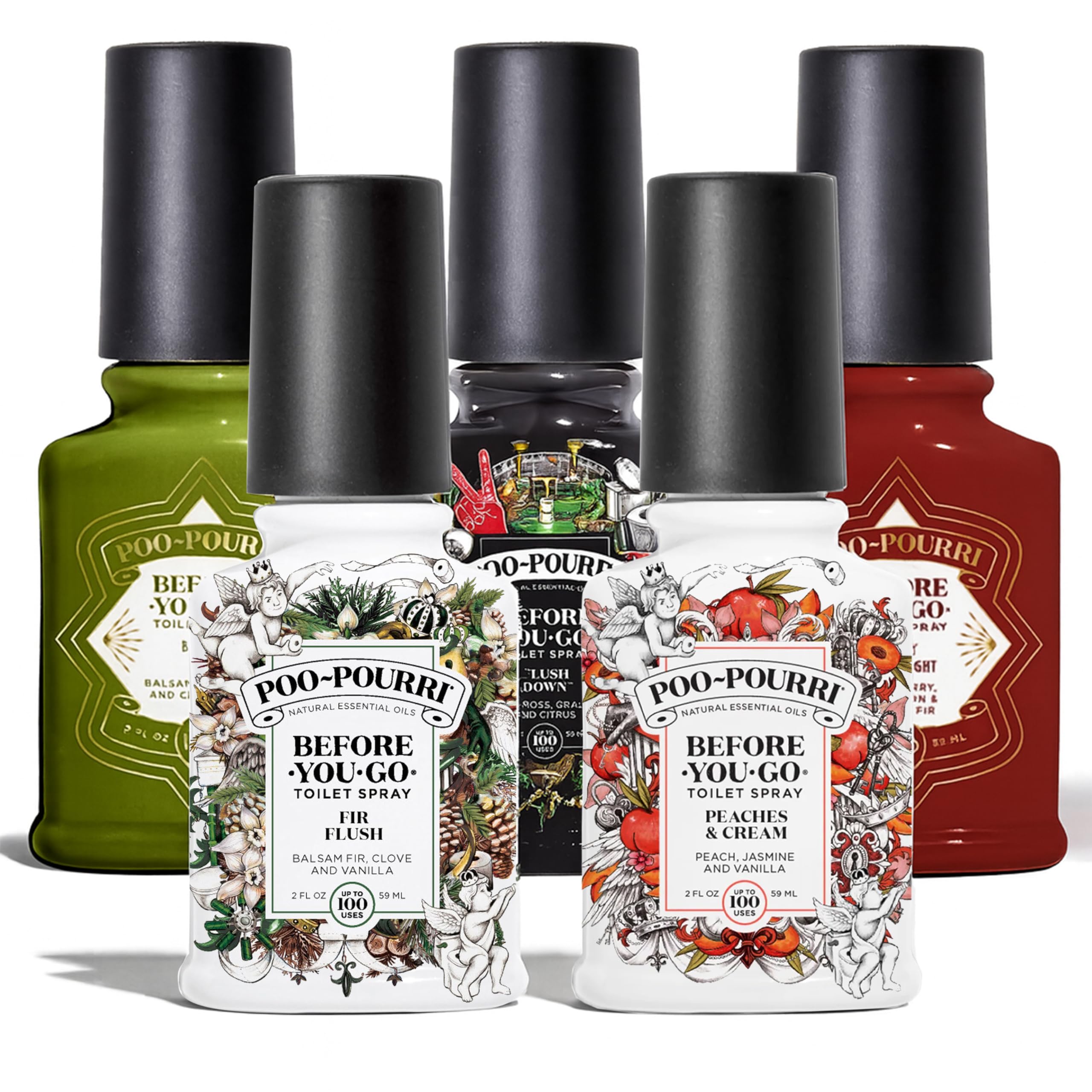 Poo-Pourri Before You Go Toilet Spray 5 Pack Set 2 oz Bottles, Peaches And Cream, Fir Flush, Flush Down, Berry and Bright, Balsam Bum Set