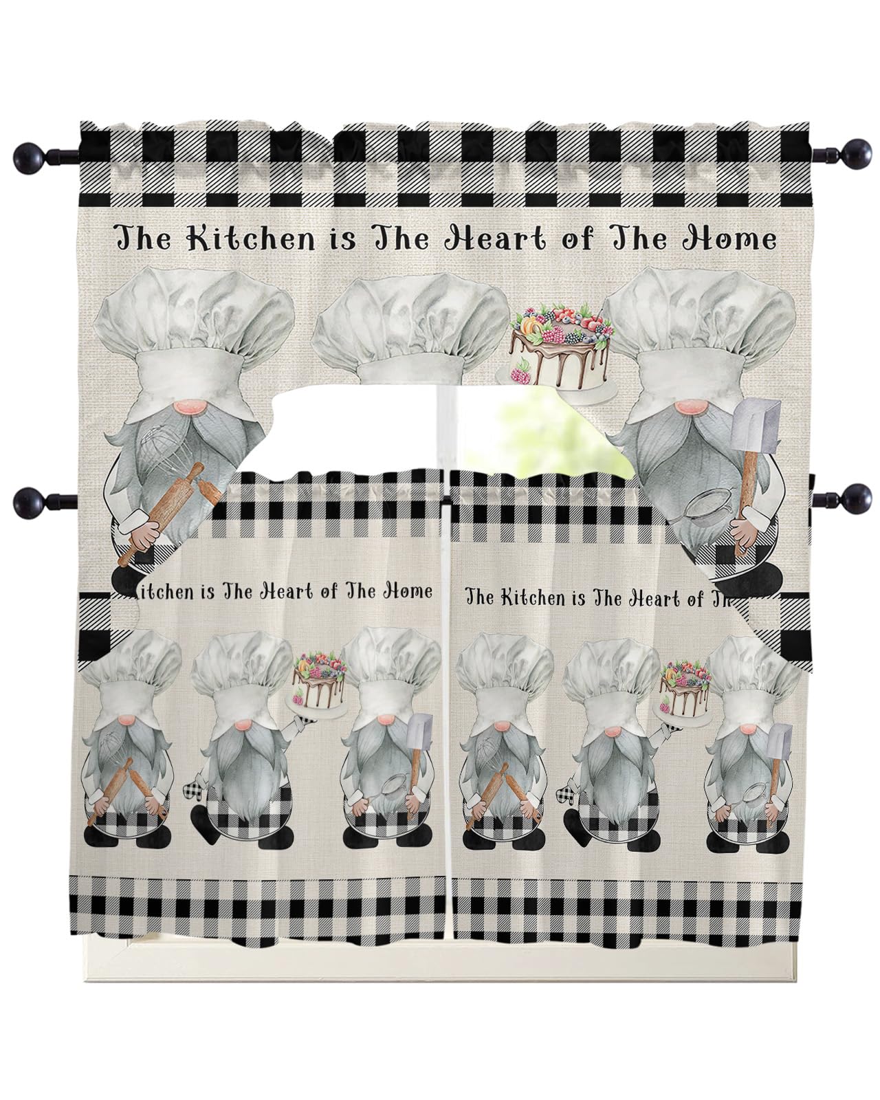 Chef Gnomes Swag Kitchen Curtain Sets with Valance,3 Pieces Rod Pocket Curtain Drapes for Bedroom Living Room Bathroom Cafe Windows,Black White Plaid Cake Dessert Cooking 56''x36''&36''x27.5''x2Panels