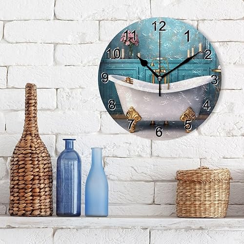 Miniatura 3 de CHIFIGNO Reloj de pared redondo de baño verde azulado, reloj de pared decorativo de 10 pulgadas, funciona con pilas, relojes de pared decorativos