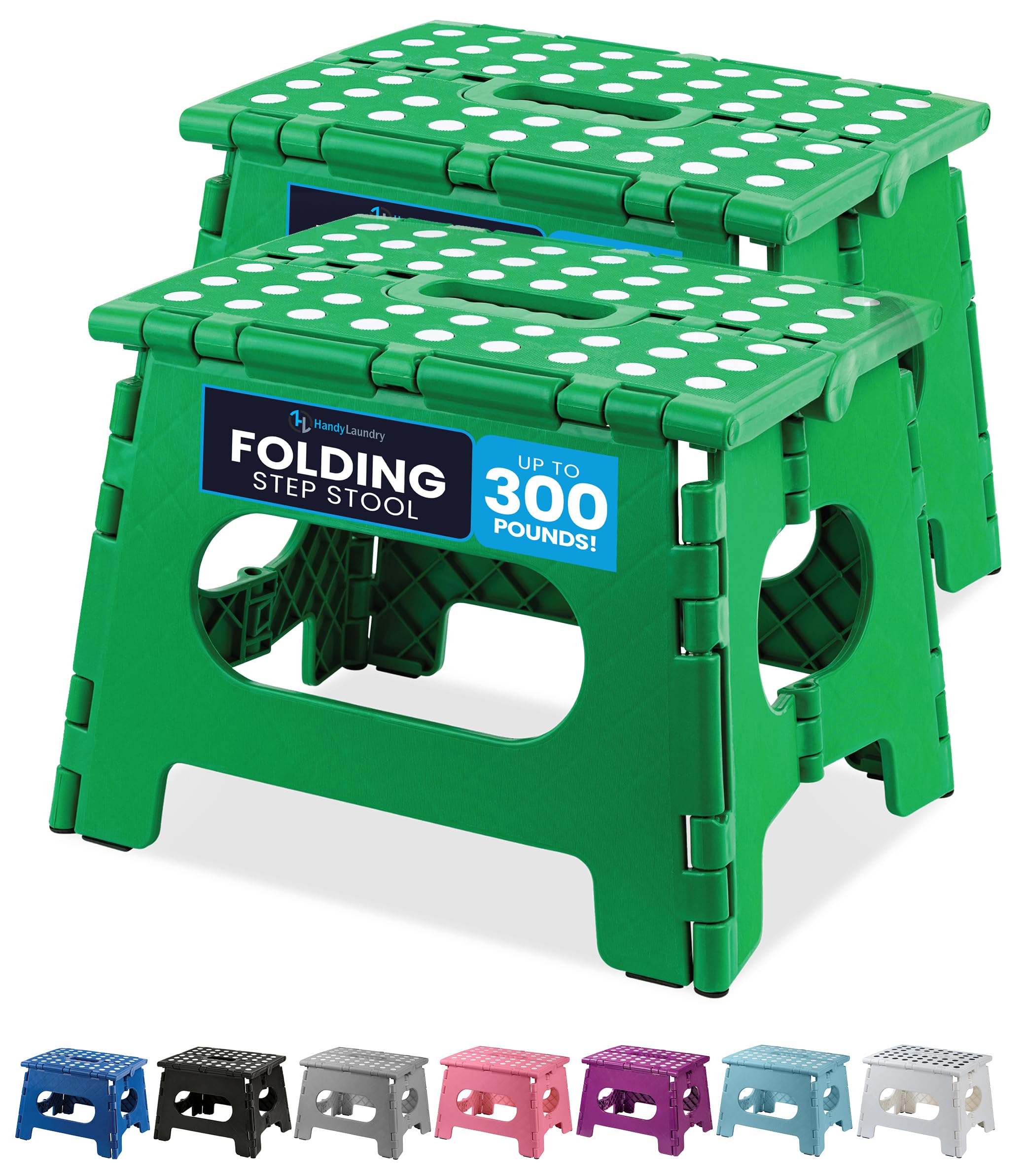 Handy Laundry Folding Lightweight Step Stool - Sturdy Enough to Support Adults and Safe Enough for Kids - Opens Easy with One Flip - Great for Kitchen, Bathroom or Bedroom (Green | 2-Pack)