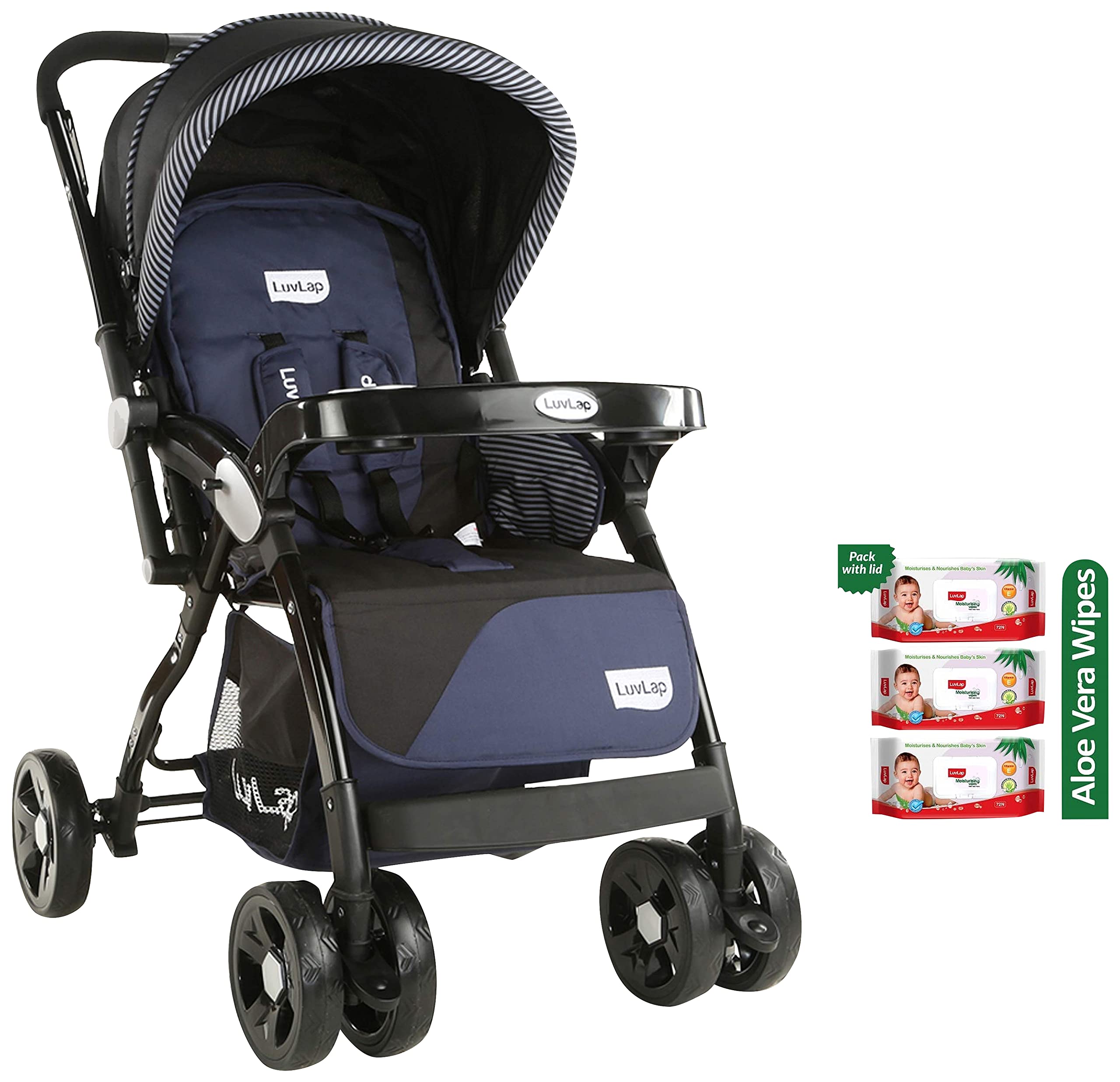 Luvlap Galaxy Stroller Pram, Extra Large Seating Space, Kids, 0-3 Years (Navy/Black) & Paraben Free Wipes for Baby Skin with Aloe Vera, 72 Wipes, Pack with Lid Pack, 3 Packs-picture-20
