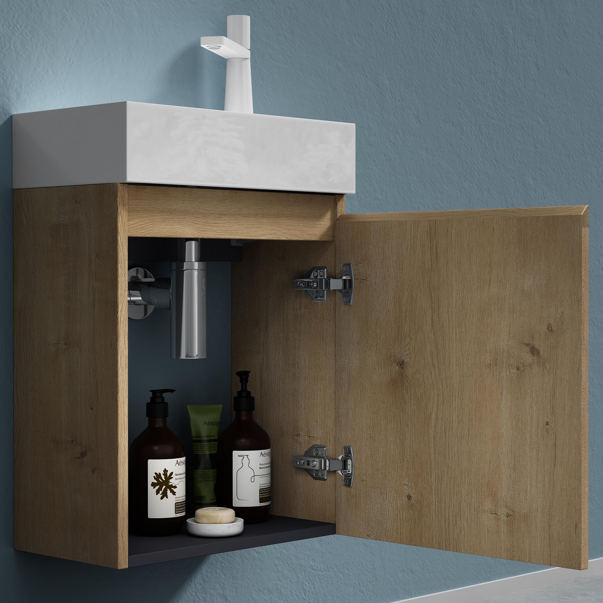 doporro Mobile Bagno Sospeso con Lavabo Set di Mobili da Bagno, Mobile Sottolavabo per WC Ospiti 46x26x63cm Marrone chiaro, Pisa02