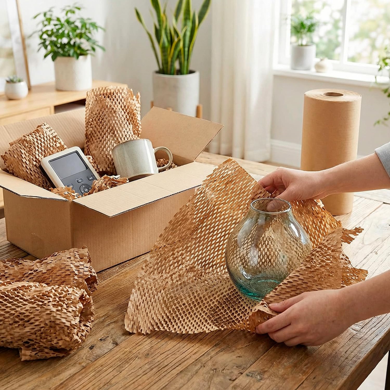 QWORK® Papel de Embalaje Nido de Abeja 30cm x 100m, 80g/m² Rollo Kraft Amortiguador para Mudanzas, Envío de Objetos Frágiles y Regalos