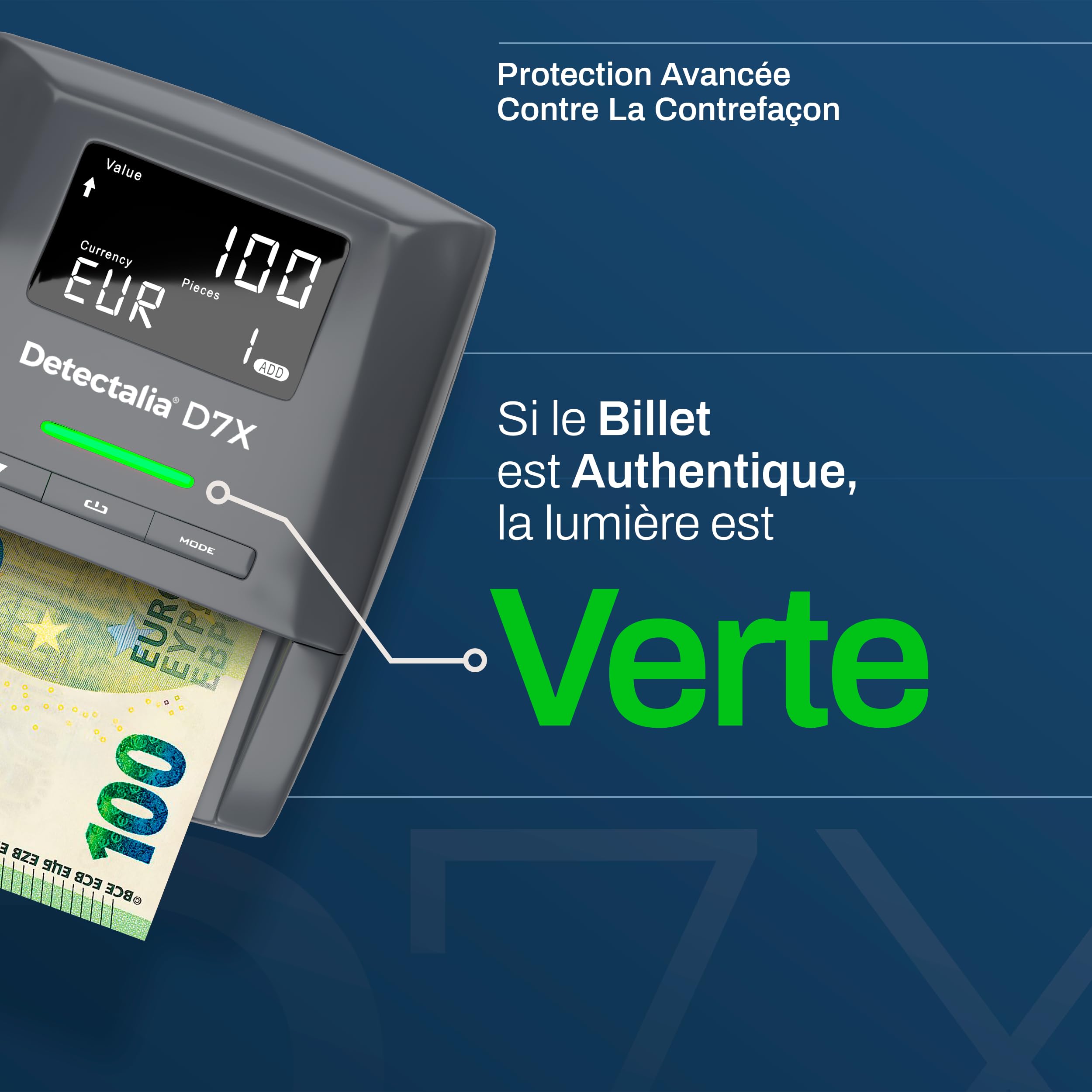 Detectalia D7X - Détecteur de faux billets avec 7 contrôles de détection. Compteur de billets un par un EUROS plus GBP, CHF, PLN, CZK et SEK - detecteur faux billets, euros 100%