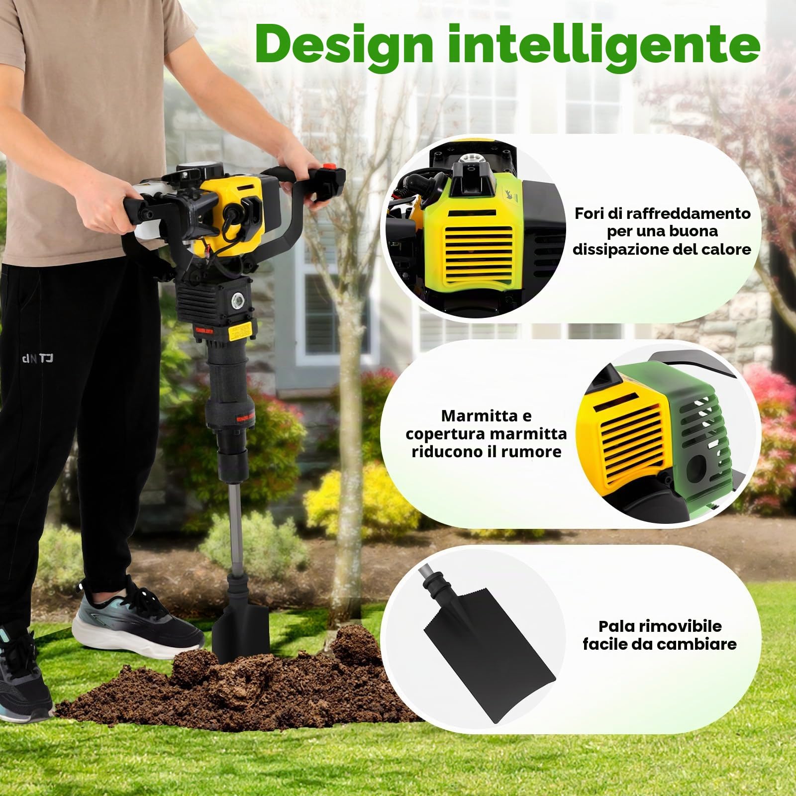 Escavatore da giardino multifunzionale a 2 tempi, 1250W Scavatore ad alberi portatile a benzina con avviamento manuale, 6500 giri/min, utilizzato per scavo e ghiaia in giardini, fattorie, ecc