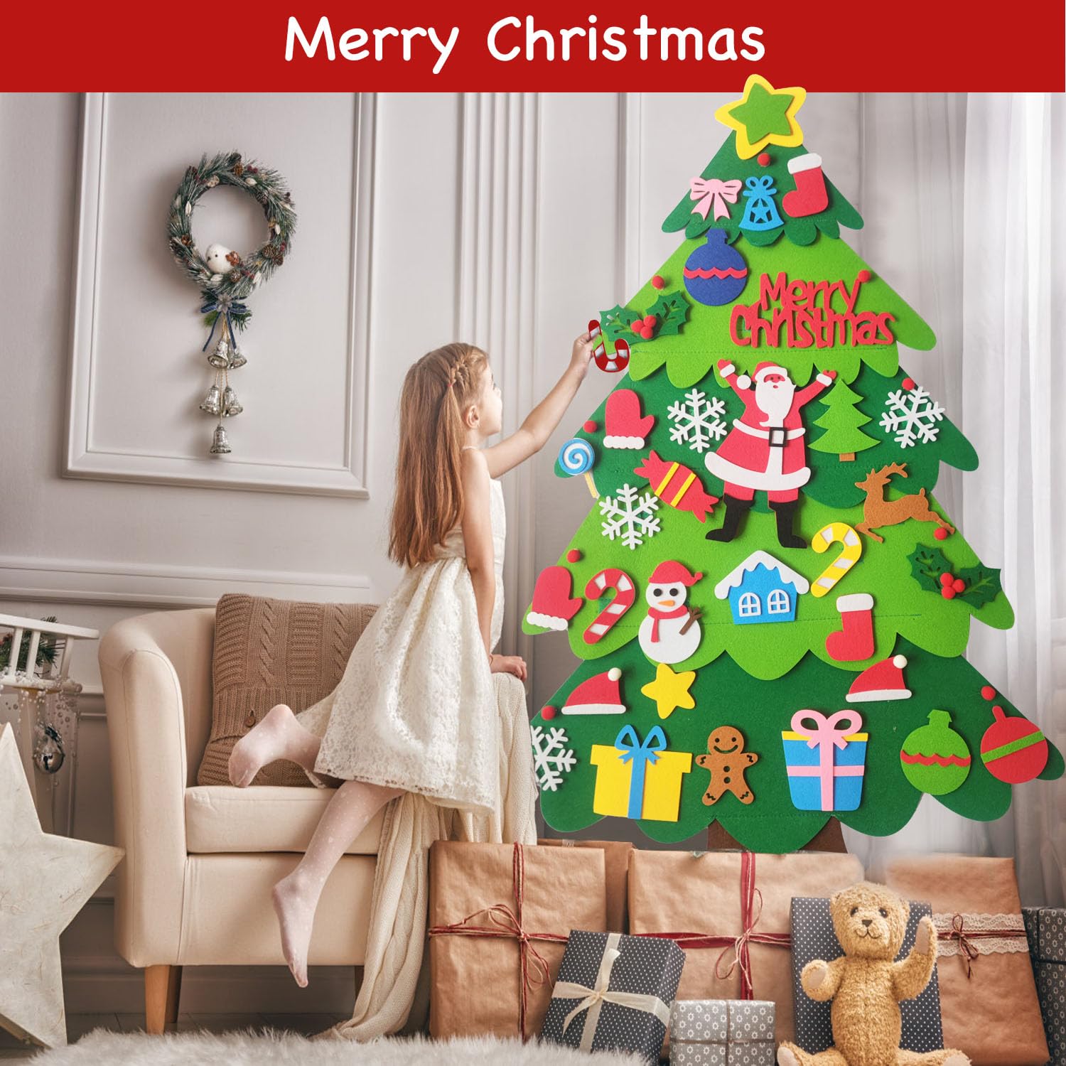 Albero Di Natale In Feltro Fai Da Te ZTOONE Per Bambini - 97cm Con 32 Ornamenti E 30 Luci LED - Decorazione Murale Porta Da Appendere
