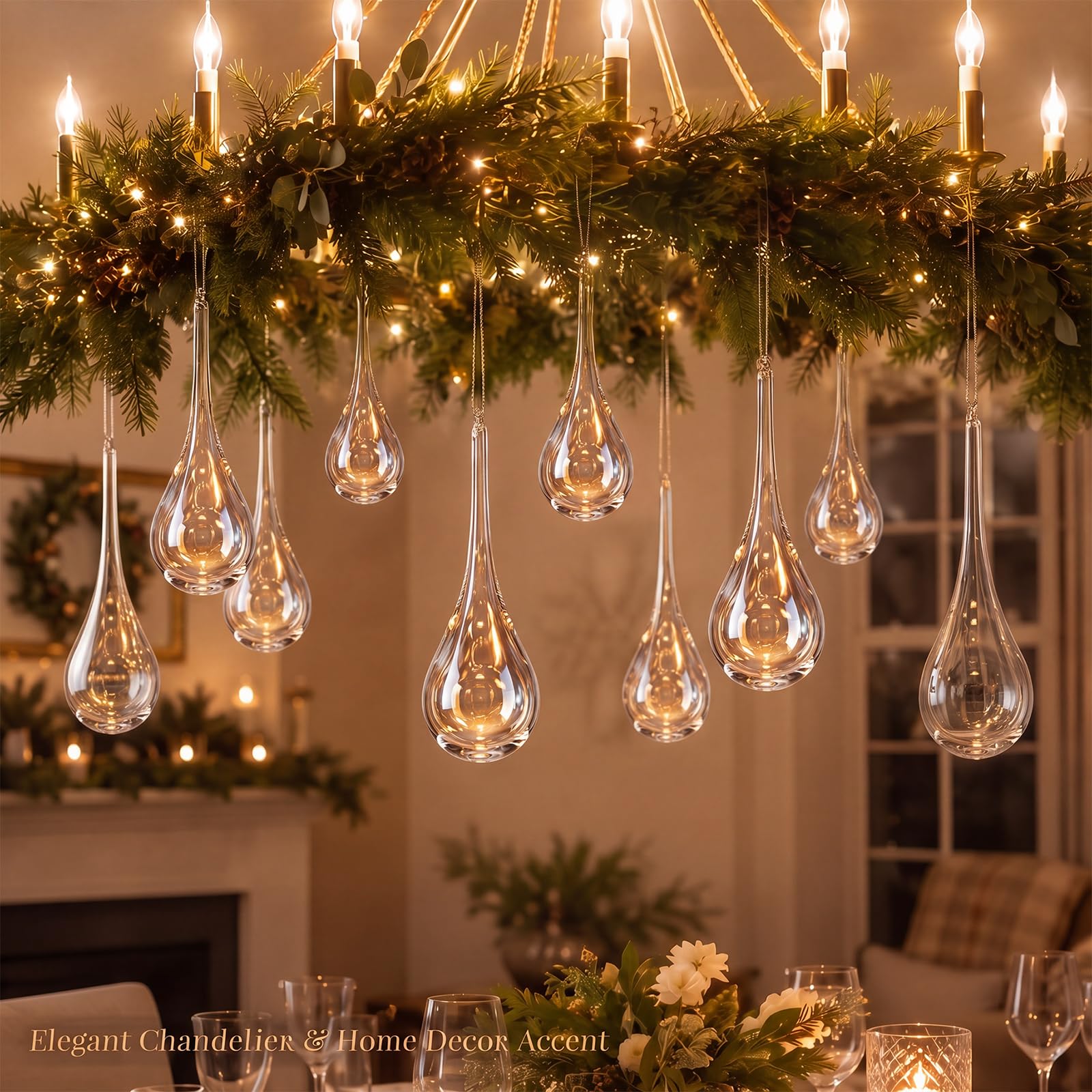 Seenelling Lot de 12 décorations en verre transparent en forme de goutte d'eau pour sapin de Noël, 3 tailles de chandelier en cristal de rechange, décoration d'intérieur à suspendre avec ficelle pour
