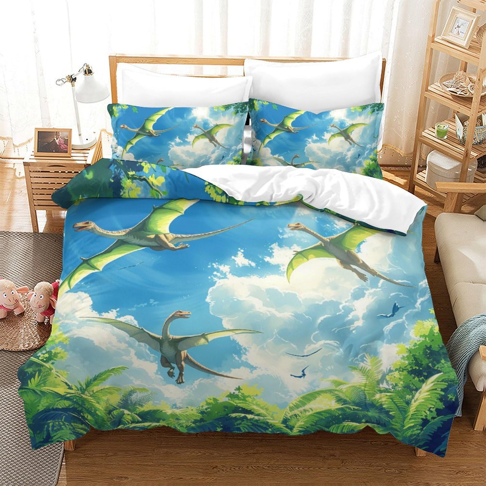 Parure de lit dinosaure 3D 200x200 en microfibre douce avec housse de couette et taies