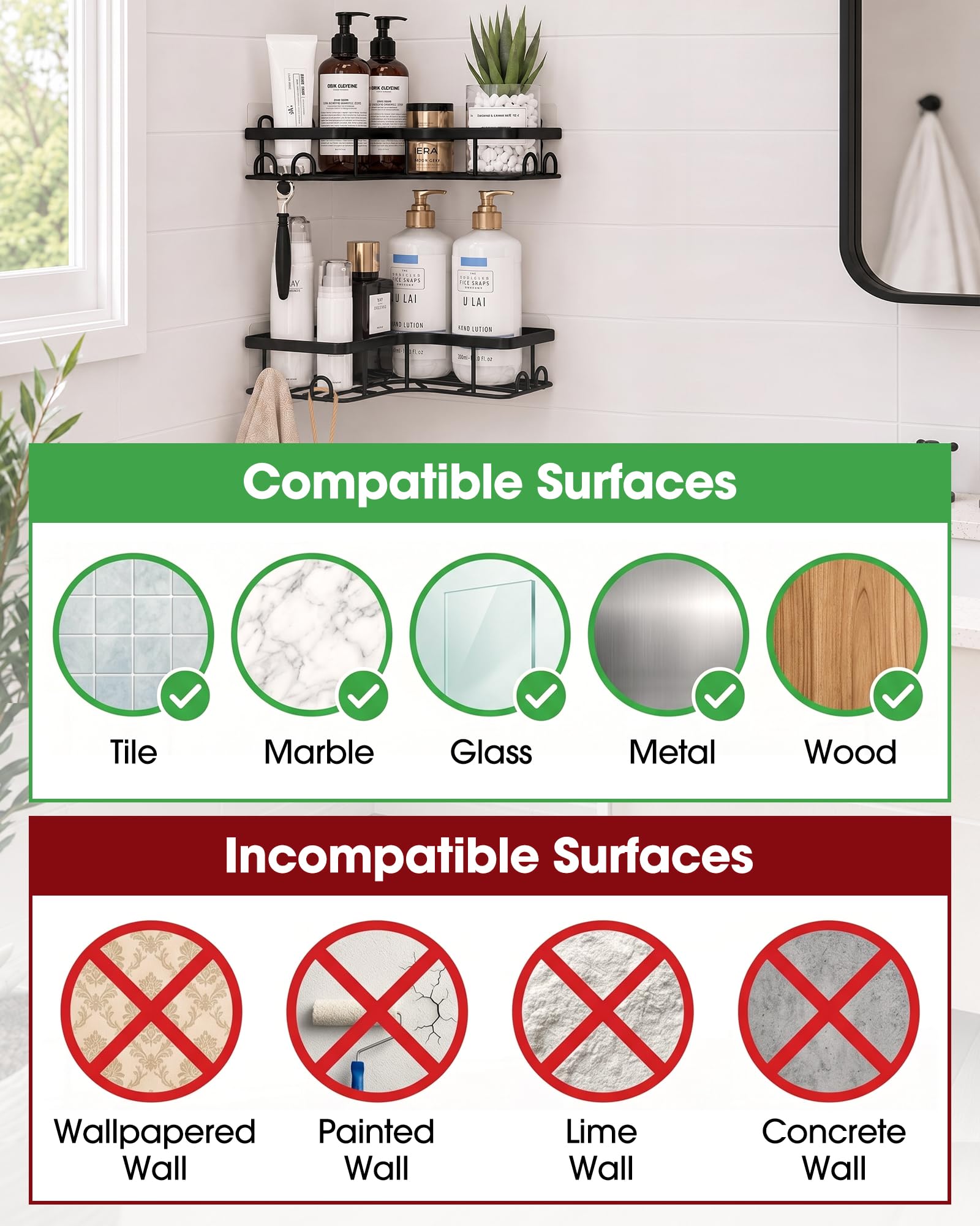 Sakugi Corner Shower Caddy - No Drill Bathroom Shelves -4