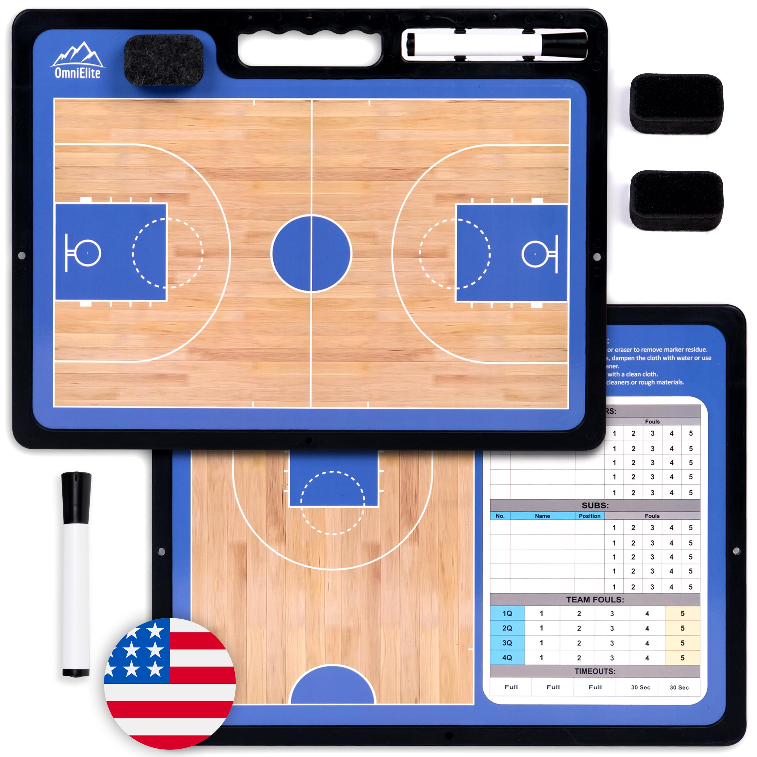 Basketball Dry Erase Board for Coaches – Dual Sided Basketball Coaching Board Full & Half Court | Basketball Clipboard for Coaches with Marker and Velcro Erasers | Basketball Board for Coaches
