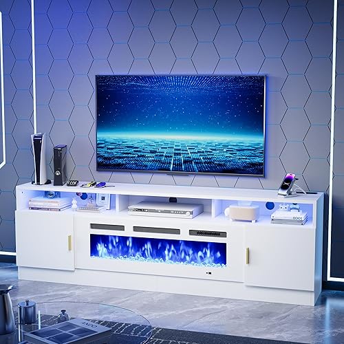 Miniatura 10 de oneinmil Soporte de TV con chimenea de 70 pulgadas con toma de corriente para televisores de hasta 80 pulgadas, centro de entretenimiento con Negro