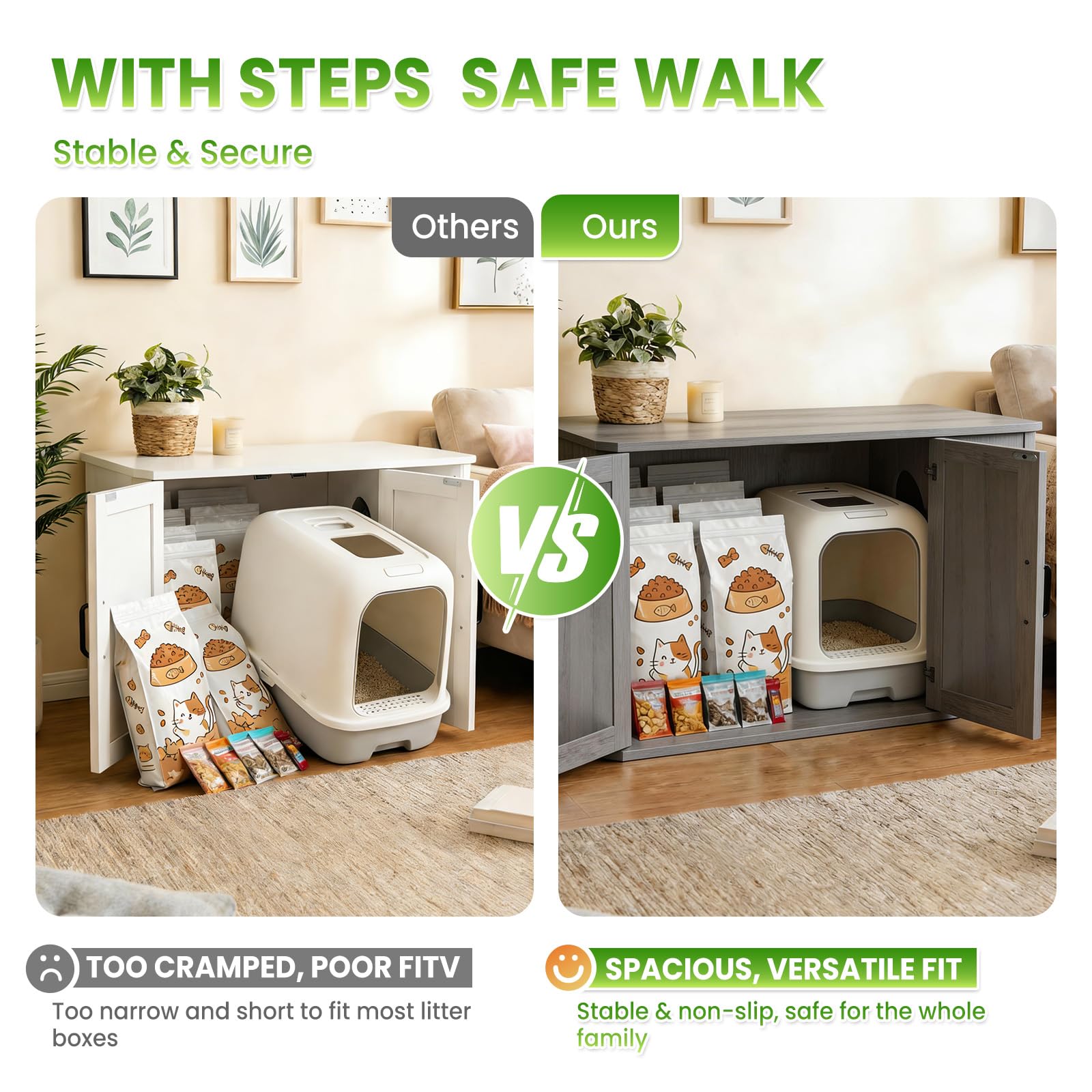 Katzenklo Schrank, Katzentoilettenmöbel, 2 Türen mit Seiteneingang | 85 x 49 x 50 cm, PB-Spanplatte, pflegeleicht, verstecktes Katzenklo, für kleine Räume, 3 Farben: Weiß, Weiß+Braun, Grau