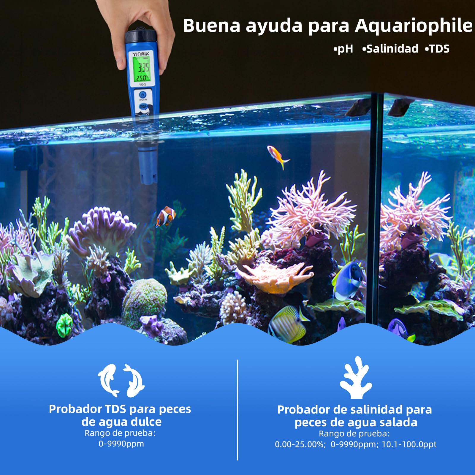 YINMIK Medidor de pH y Salinidad Para Piscinas, Medidor Digital de Salinidad, Medidor de pH y TDS Multifunción 5 en 1 Para Piscinas, Spas, Análisis de Calidad del Agua, Agua Potable e Hidroponía