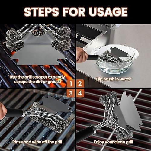 Miniatura 5 de Cepillo de limpieza para parrilla de barbacoa, 18 pulgadas de largo, resistente, 3 filas, cepillo limpiador de barbacoa de acero inoxidable con