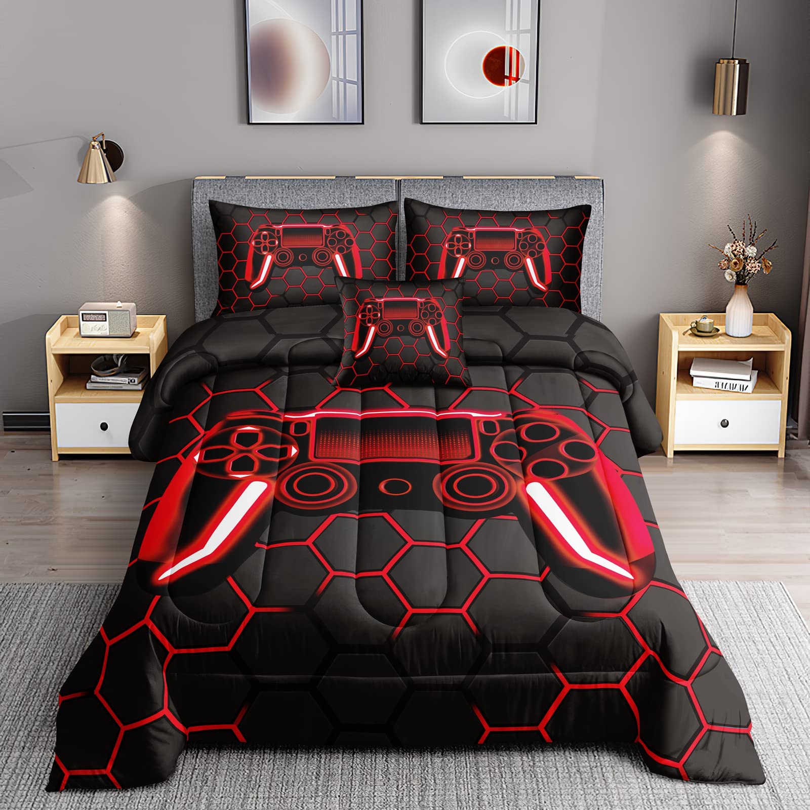 ROWADALO5 Pieces Gaming Bedding Set for Boys Gamer Comforter Set Twin Size,Game Controller Comforter for Boys Kids Teen 3D Gamepad Microfiber Bedding Sets 5 Pieces Bed in A Bag Sets-H50023,Twin