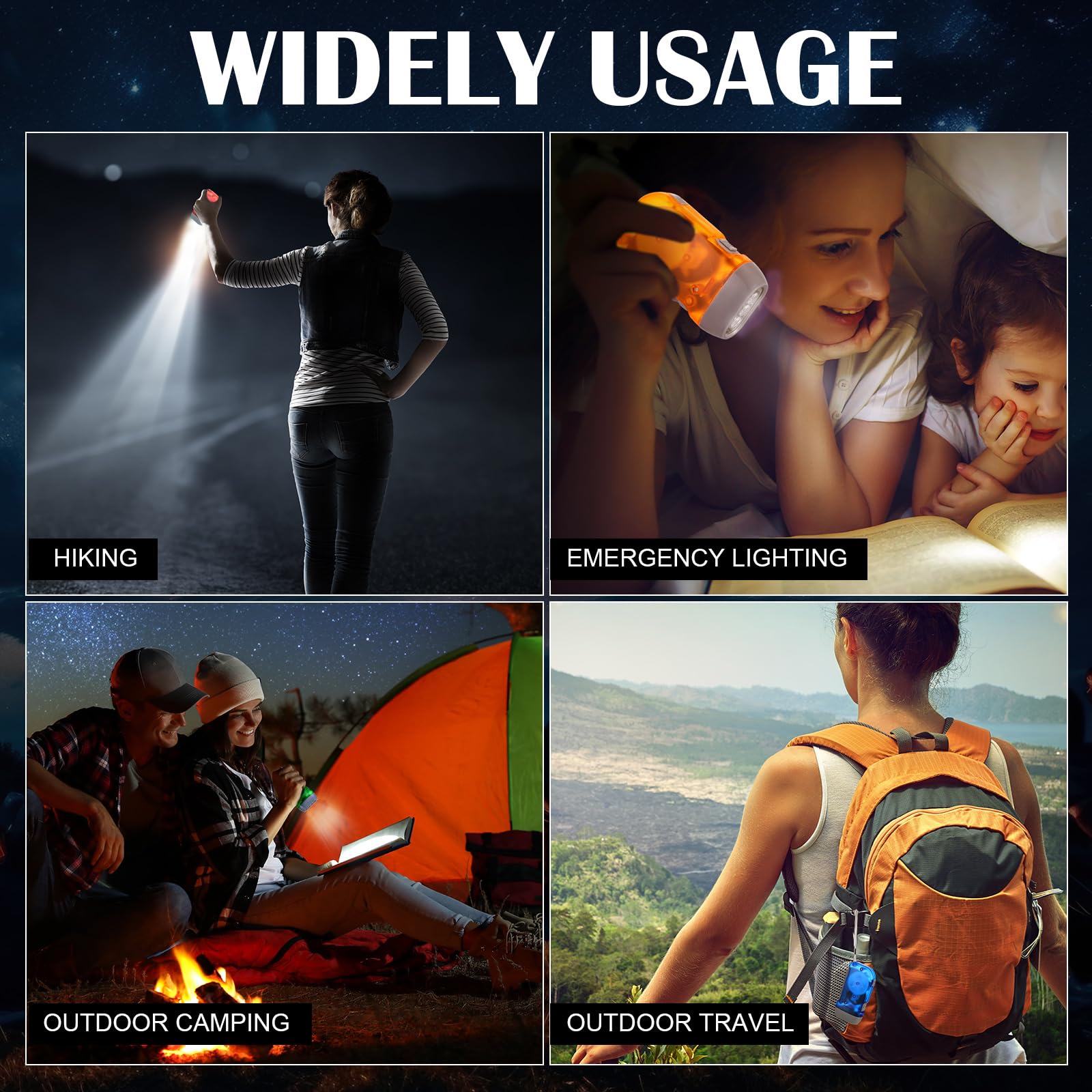 Leelosp Handkurbel-Taschenlampe, keine Batterie erforderlich, gekröpfte Taschenlampe, manuelles Drücken, 3 LEDs, Quetschlicht für Camping, Wandern, Stromausfall, Geschenk (Rot, Blau, Lila, Orange)