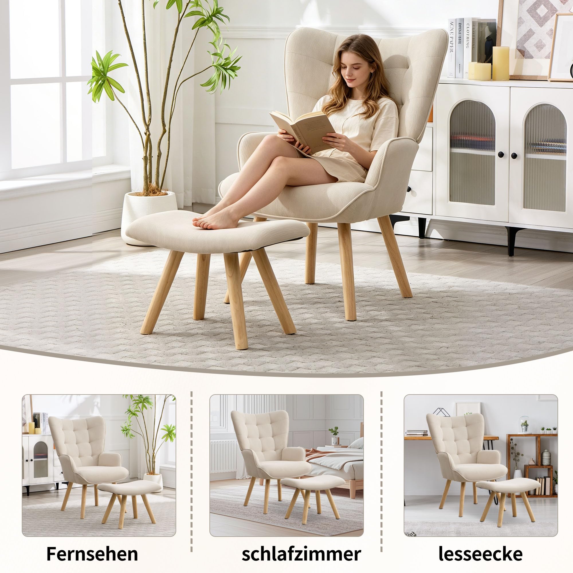 EBELLO Ohrensessel mit Hocker Sessel Wohnzimmer Loungesessel mit Cord-Stoff
