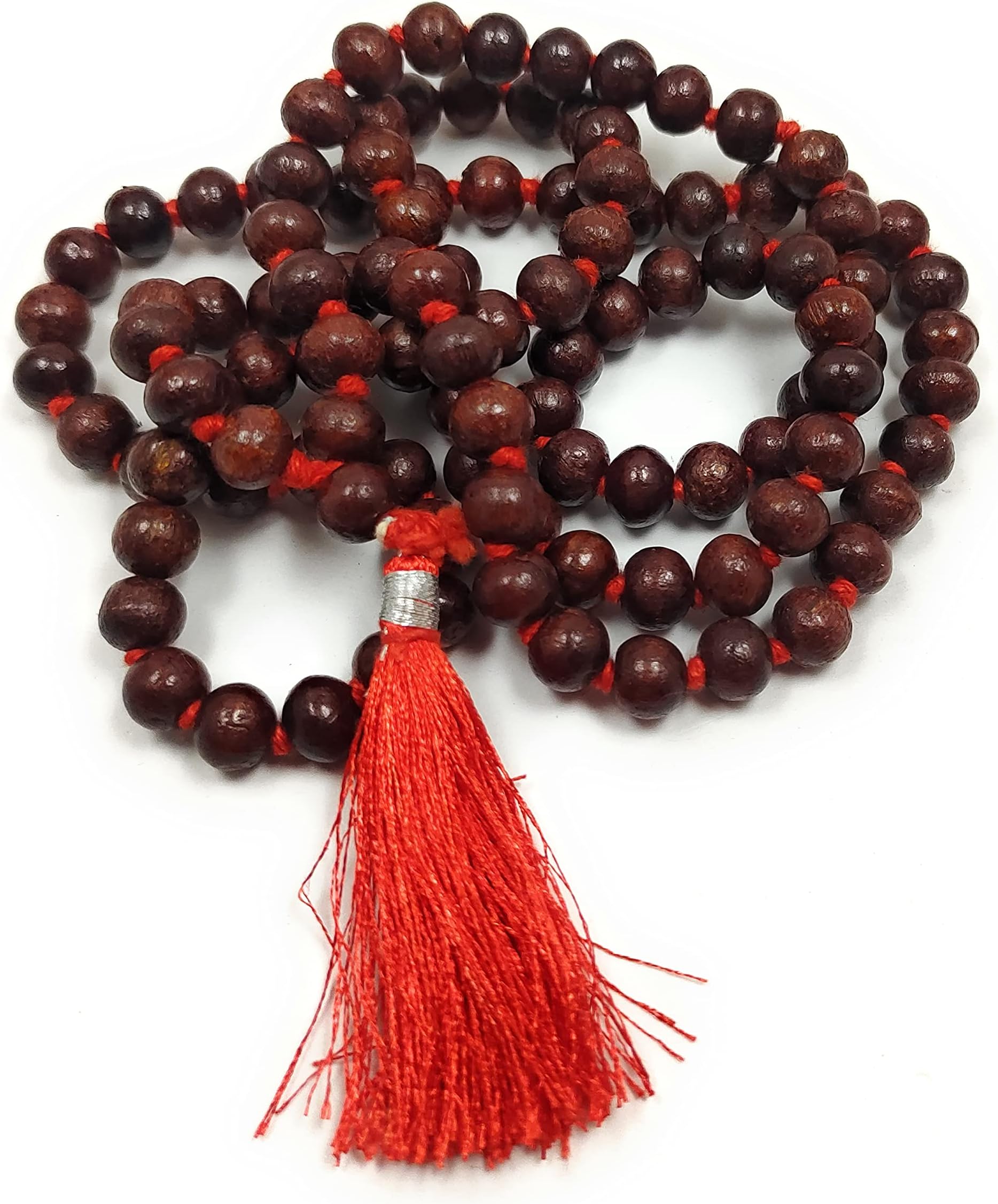 rocksmins Natural Original Exclusive Red Sandalwood Pure Lal Chandan ki mala 108+1 Beads & Rosary String for Jaap, Pooja 8 mm Jaap Mala Wearing in Neck/Holding Men Women Boys Girls Meditation, Large,