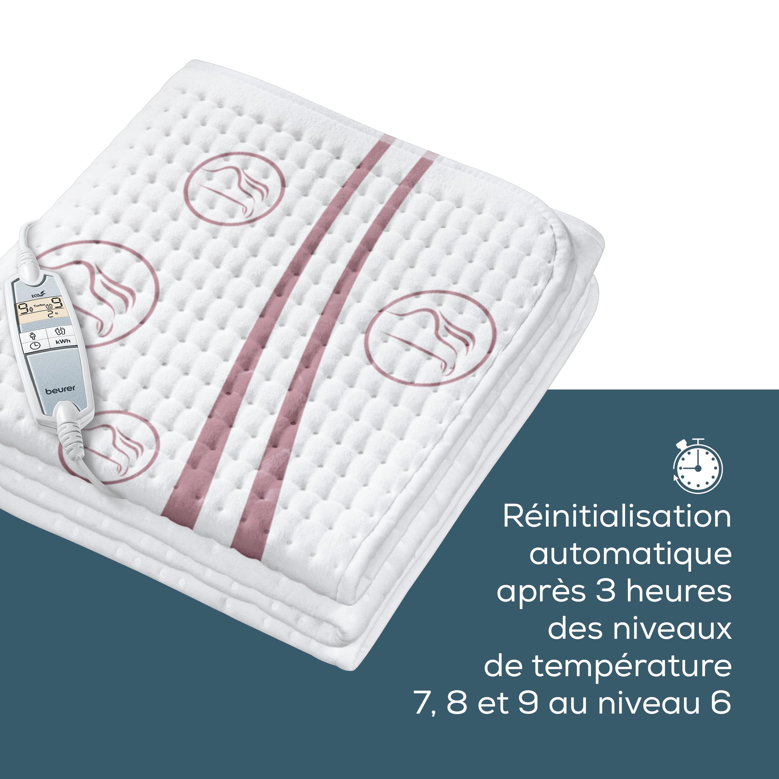 Beurer UB 90 Surmatelas chauffant confort, 150 x 80 cm, matelas chauffant souple avec 2 zones de température, 9 niveaux de température, avec retour automatique et Eco-Control, lavable en machine