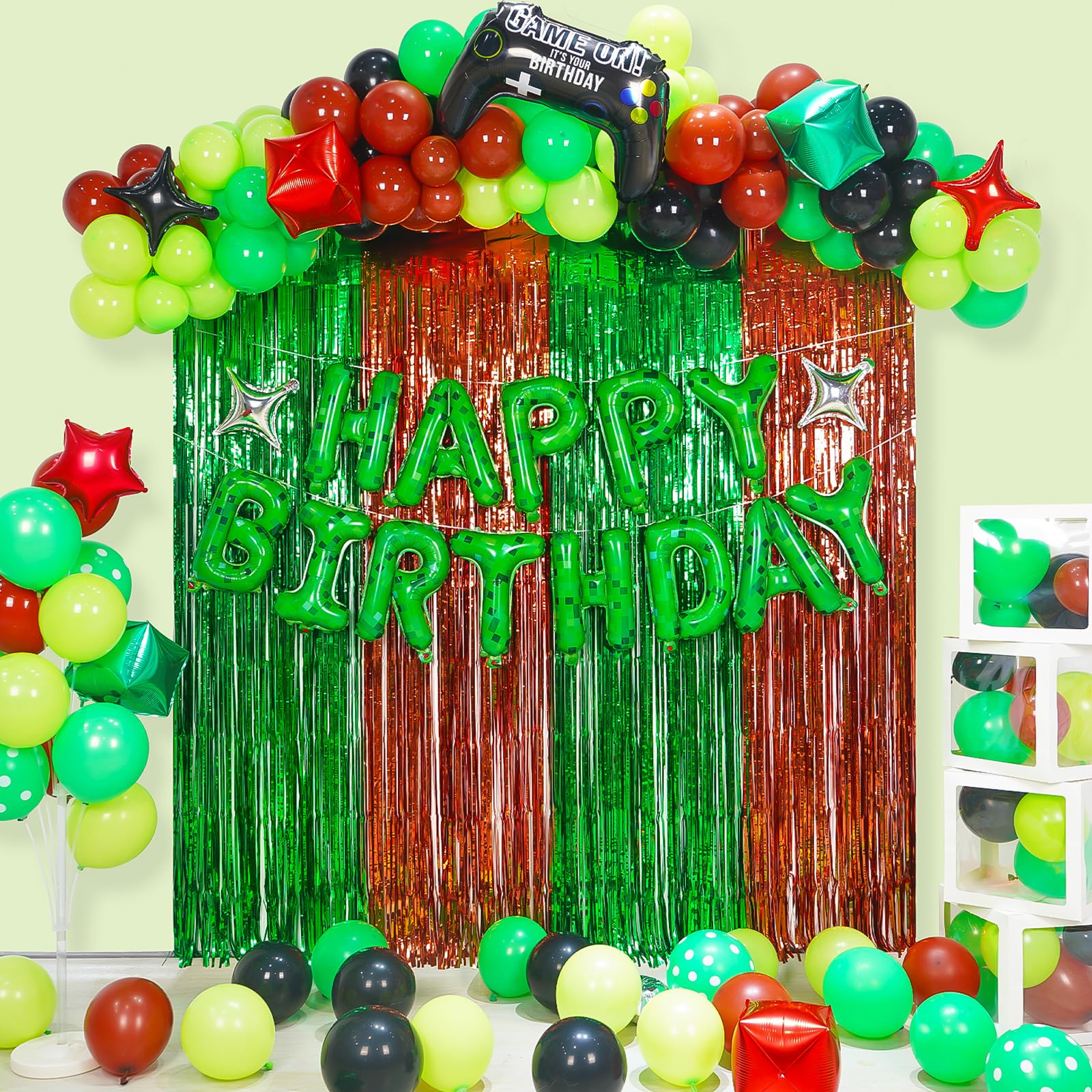 FANGBBO Pixel Balloons Arch Kit Birthday Decorations Party Supplies, with Happy Birthday Banner Metallic Curtain Wall Decor, Miner Theme