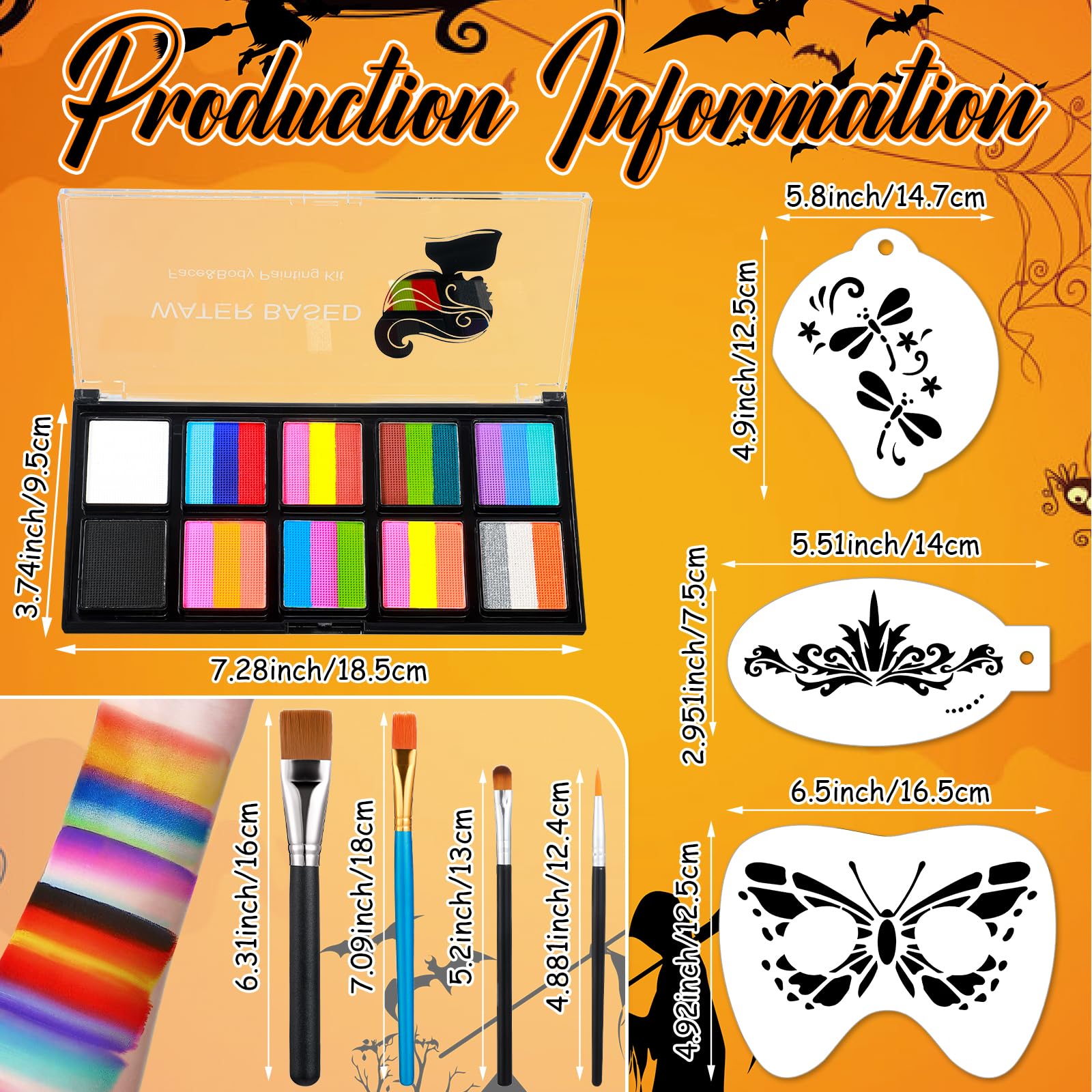 Thenshop 33 Pieces Face Paint Stencils Kit Includes Face Paint Makeup Split Cake Palette, 28 Reusable Facial Painting Stencils, 4 Painting Brushes for Adults Halloween Christmas Cosplay Party