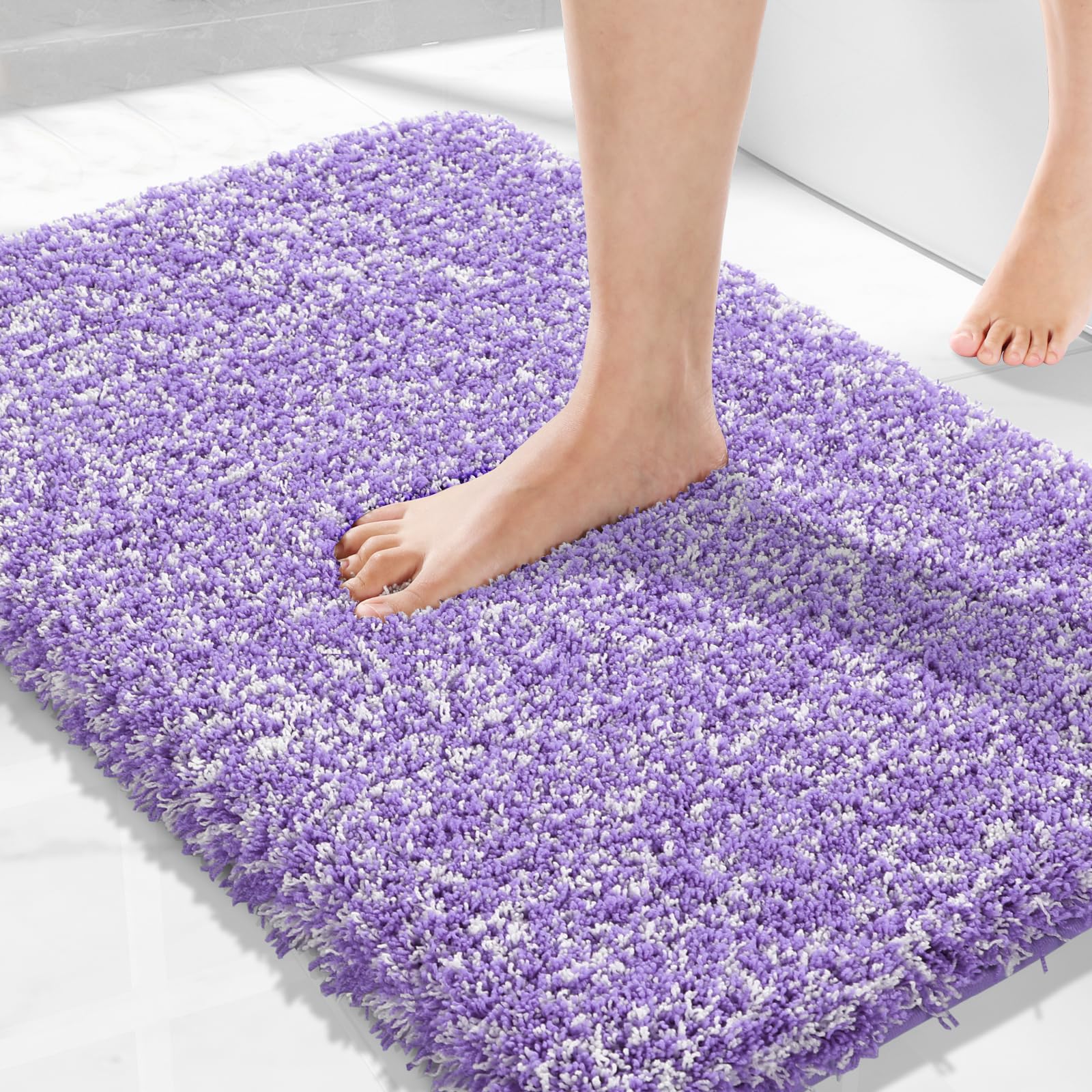 yimobra luxury bathroom rugs, fluffy bath mats, non slip, water absorbent microfiber, machine washable, dry quick, plush shower rugs, thick matts for bathroom floor&tub, 32\"x 20\", purple and white( 2 pieces) 