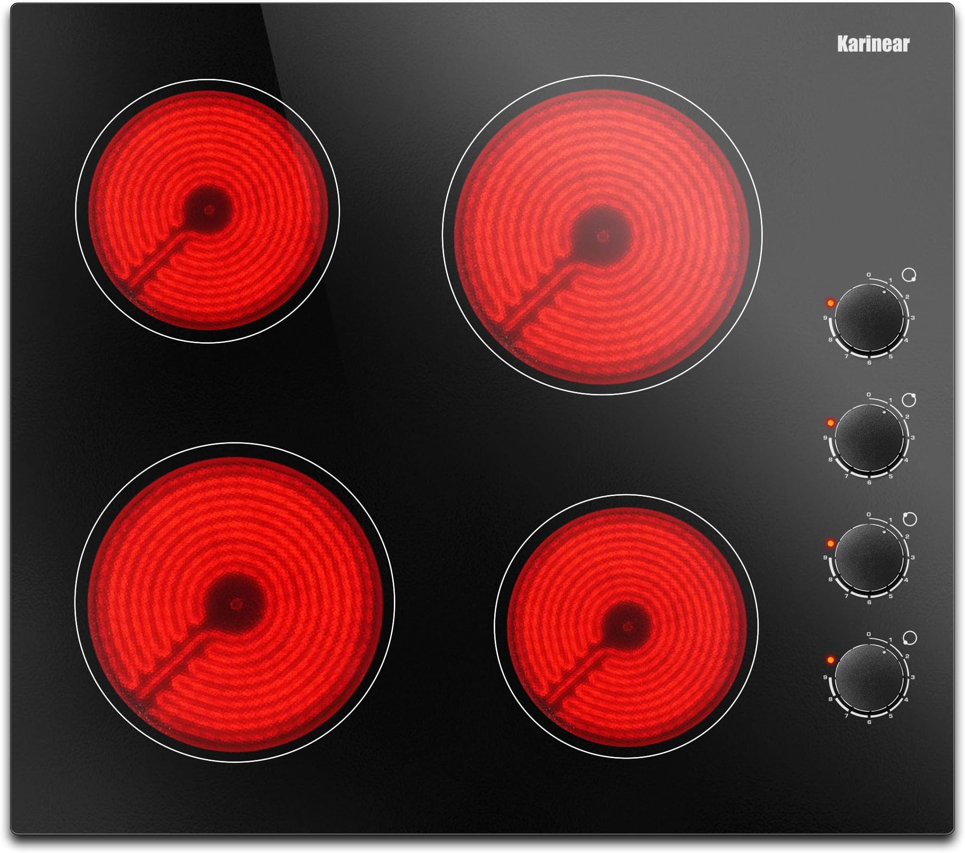 Karinear 24 Inch Electric Cooktop 4 Burners Electric Stove, Knob Control,6000W, Built-in Radiant Hob,Residual Heat Indicator, Overheat Protection,Hardwired 220V Radiant Ceramic Stove(Black Knob)