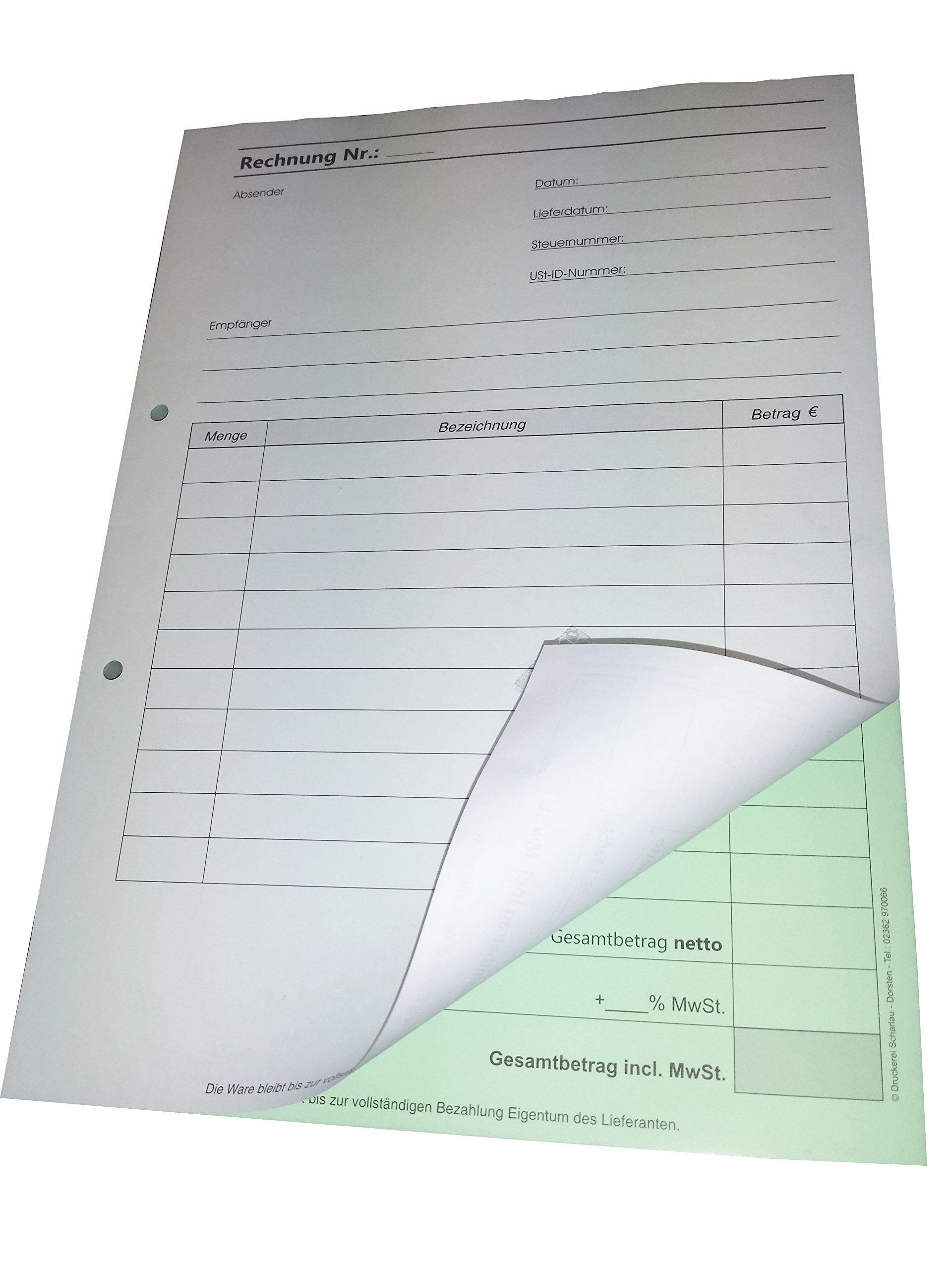 4x Rechnungsblock Block Rechnung DIN A5, 2-fach selbstdurchschreibend,2x50 Blatt weiß/grün - gelocht (22434)