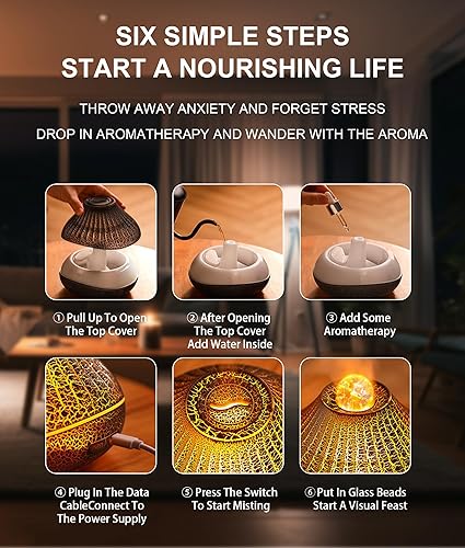 Miniatura 7 de Difusores de volcán de aceite esencial con 4 aceites esenciales, difusor de aroma con llama LED, difusor de aromaterapia y humidificador de niebla,