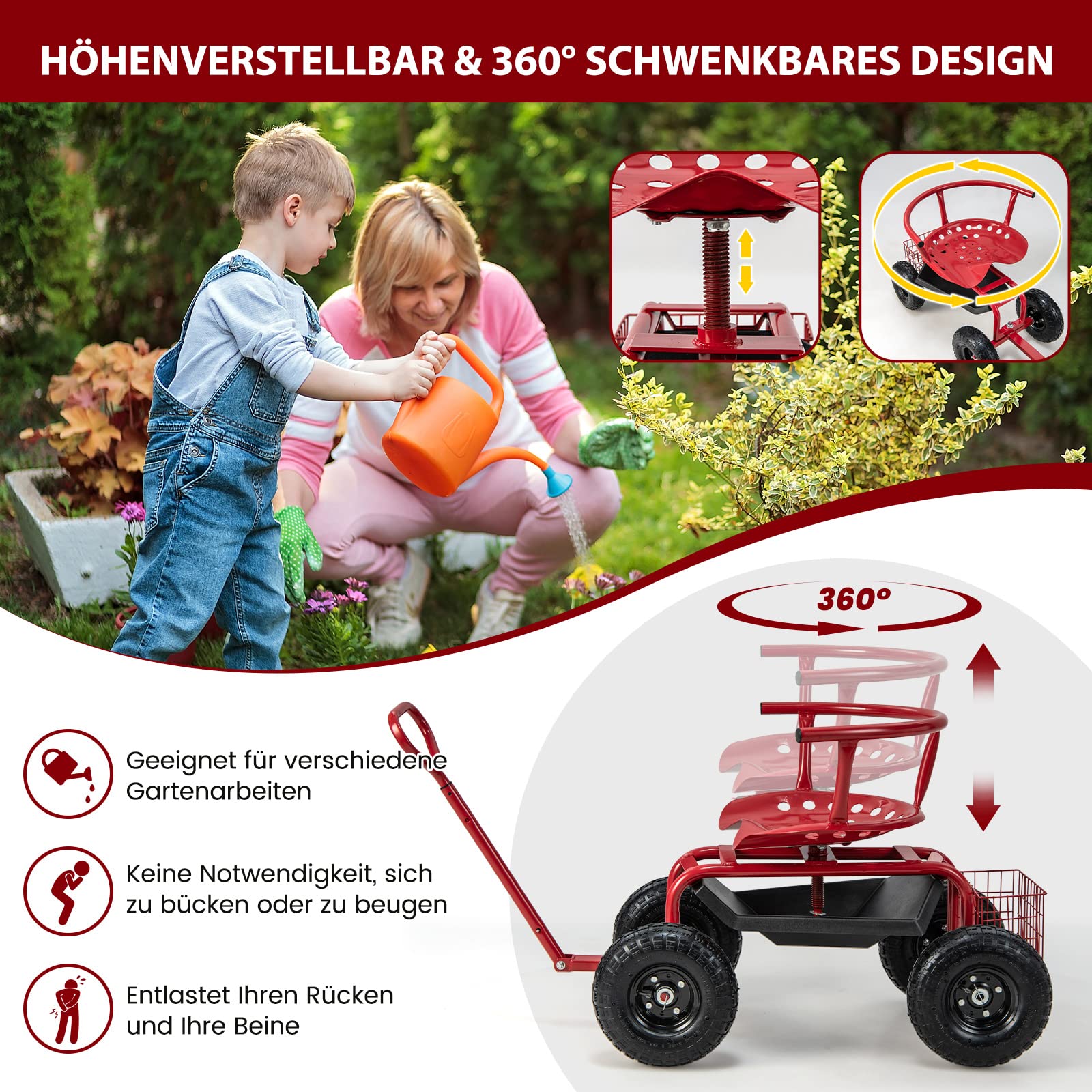 RELAX4LIFE Rollsitz, Fahrbarer Werkstattwagen mit Verstellbarem Drehsitz & Griff, Gartensitz mit Rückenlehne & Abnehmbarem Sitzkissen, Werkzeugwagen mit Ablage & Korb & Tasche (Rot+Schwarz)
