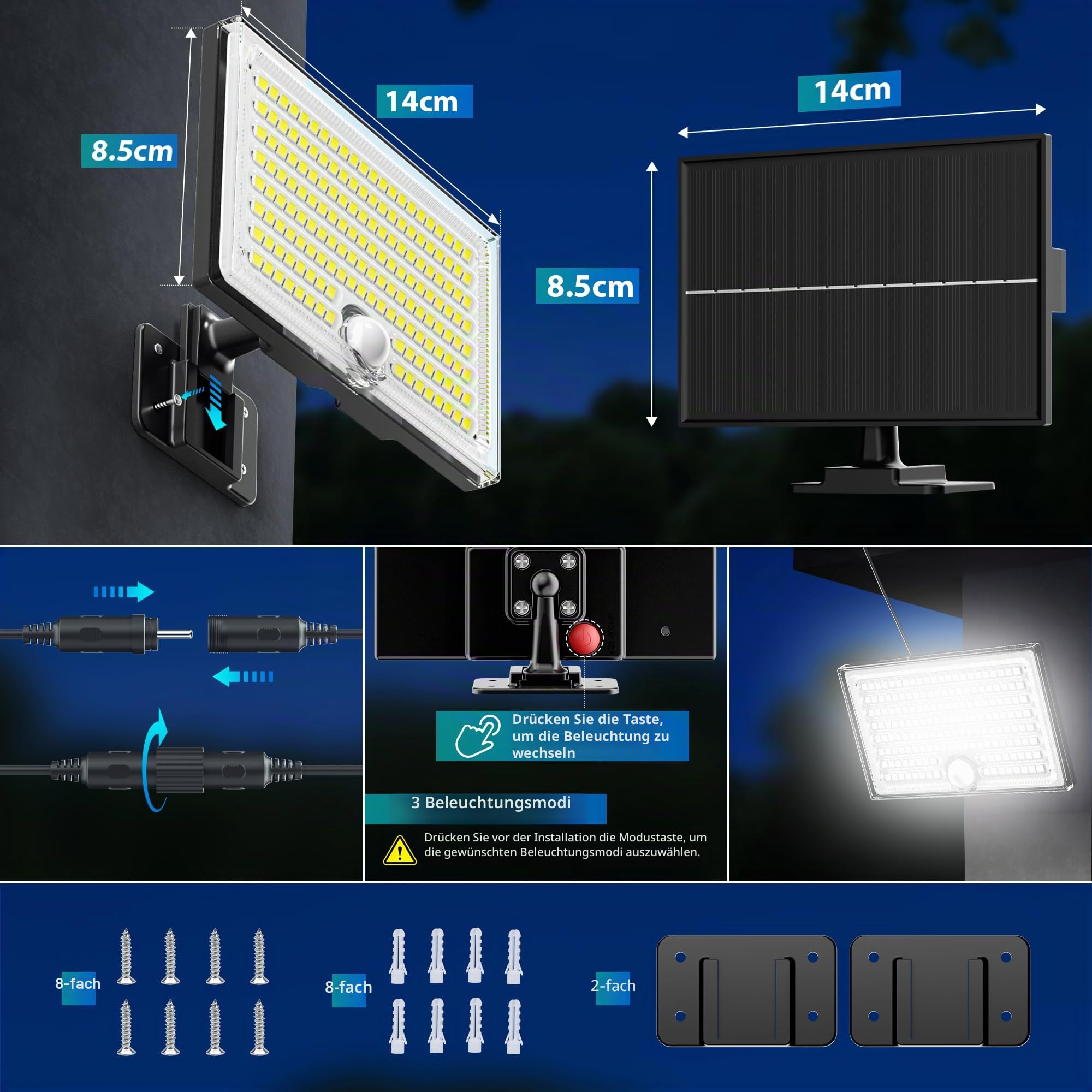 Solarlampen für Außen mit Bewegungsmelder,IP65 Wasserdicht,5m Kabel & Split-Design,Solar Aussenleuchte Kaltweiß für Garten,Hof,Garage,Haustür -2PCS