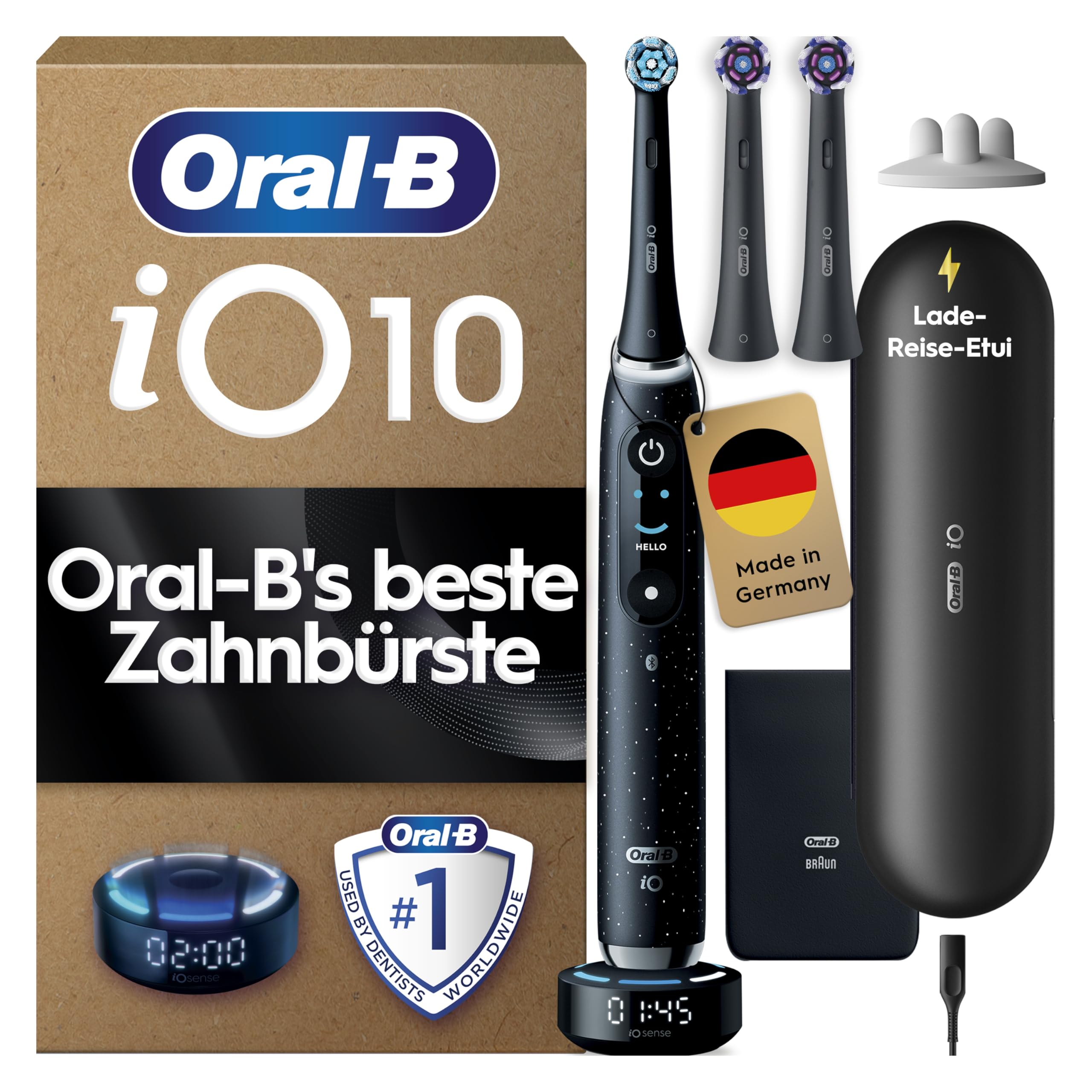 Oral-B iO Series 10 Elektrische Zahnbürste — Electric Toothbrush, Inkl. 3 Aufsteckbürsten, iOSense, Lade-Reise-Etui — 7 Putzmodi für Zahnpflege, Zahnbürste Elektrisch, Designed by Braun, Schwarz