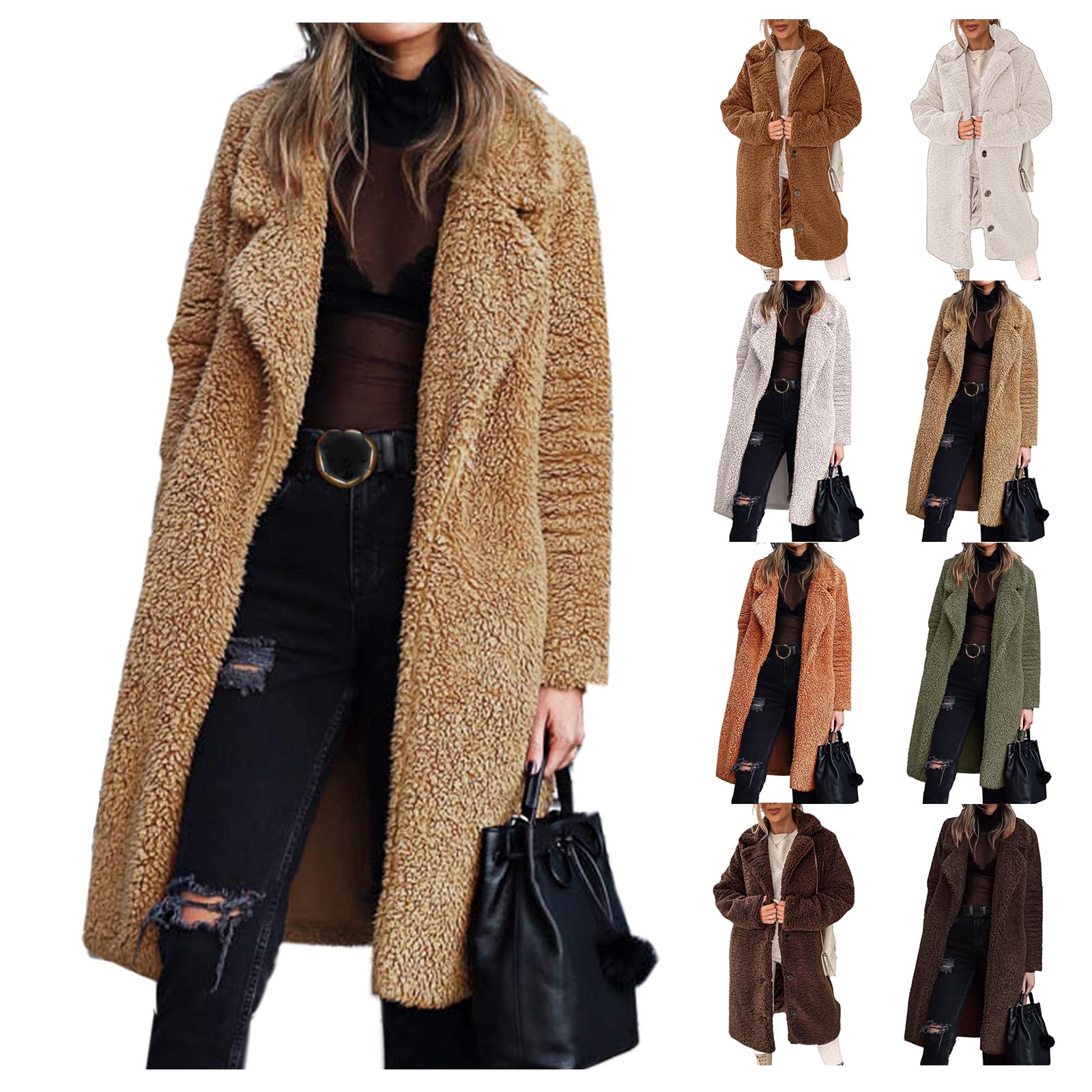 KAJXZ Long Cardigans for Women Fuzzy Fleece Lapel Open Front Sherpa Jacket Winter Warm Solid Color Faux Fur Lined Outwear