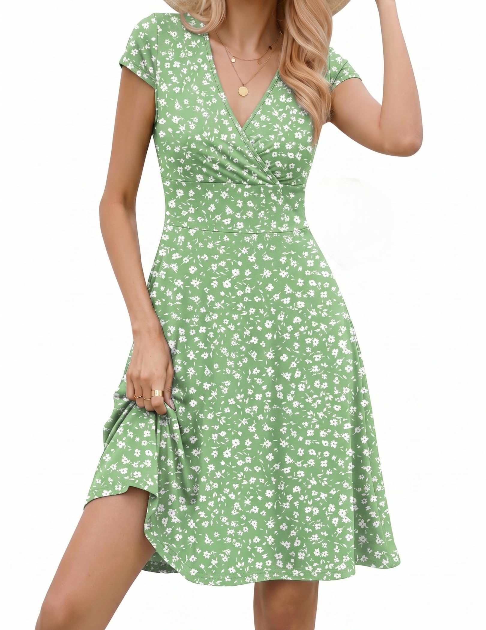 Zeagoo - Abito da donna con scollo a V, elegante, a maniche corte, per il tempo libero, in jersey, lunghezza al ginocchio