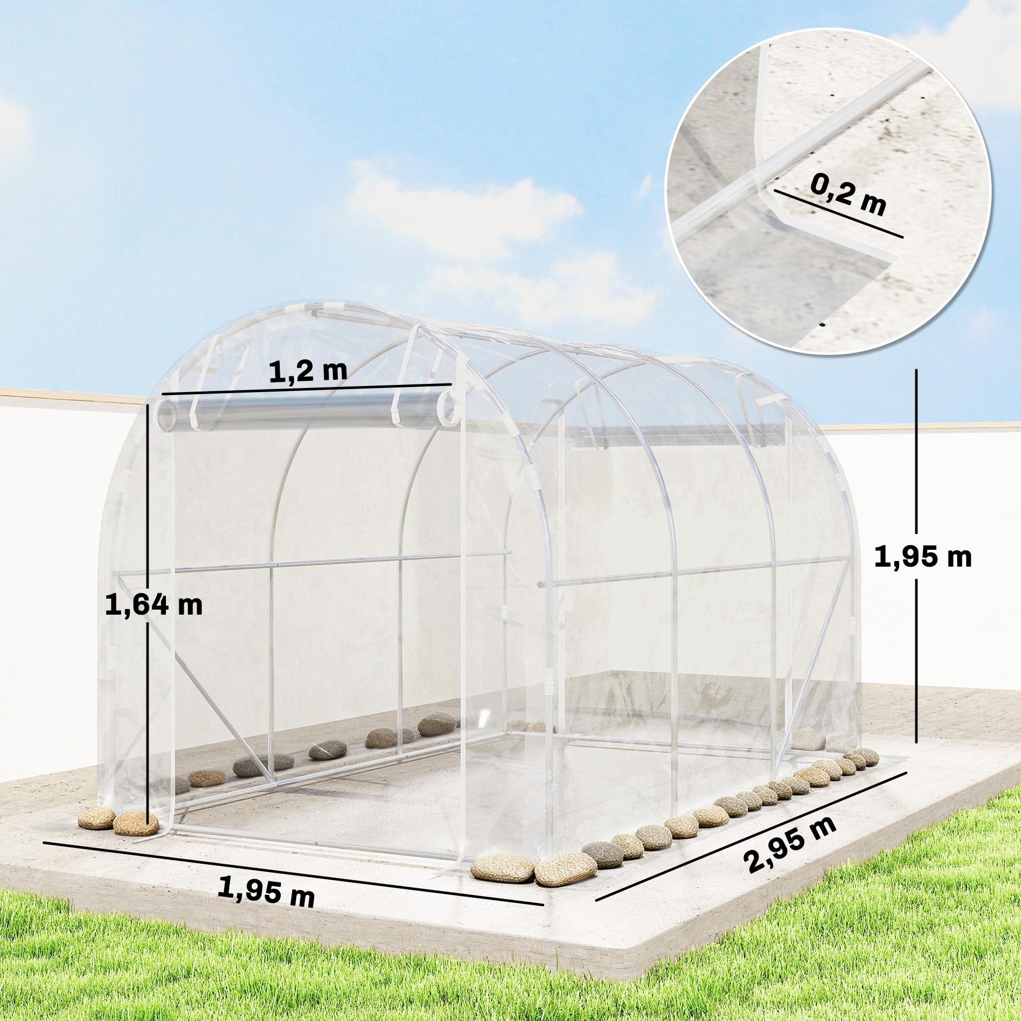 Outsunny Serre Tunnel de Jardin 6m², Serre de Jardin Tunnel 195x295x195cm avec Cadre Acier galvanisé, 2 Portes, bâche PE Haute densité 150g/m² prolongée de 20 cm, pour extérieur Transparent