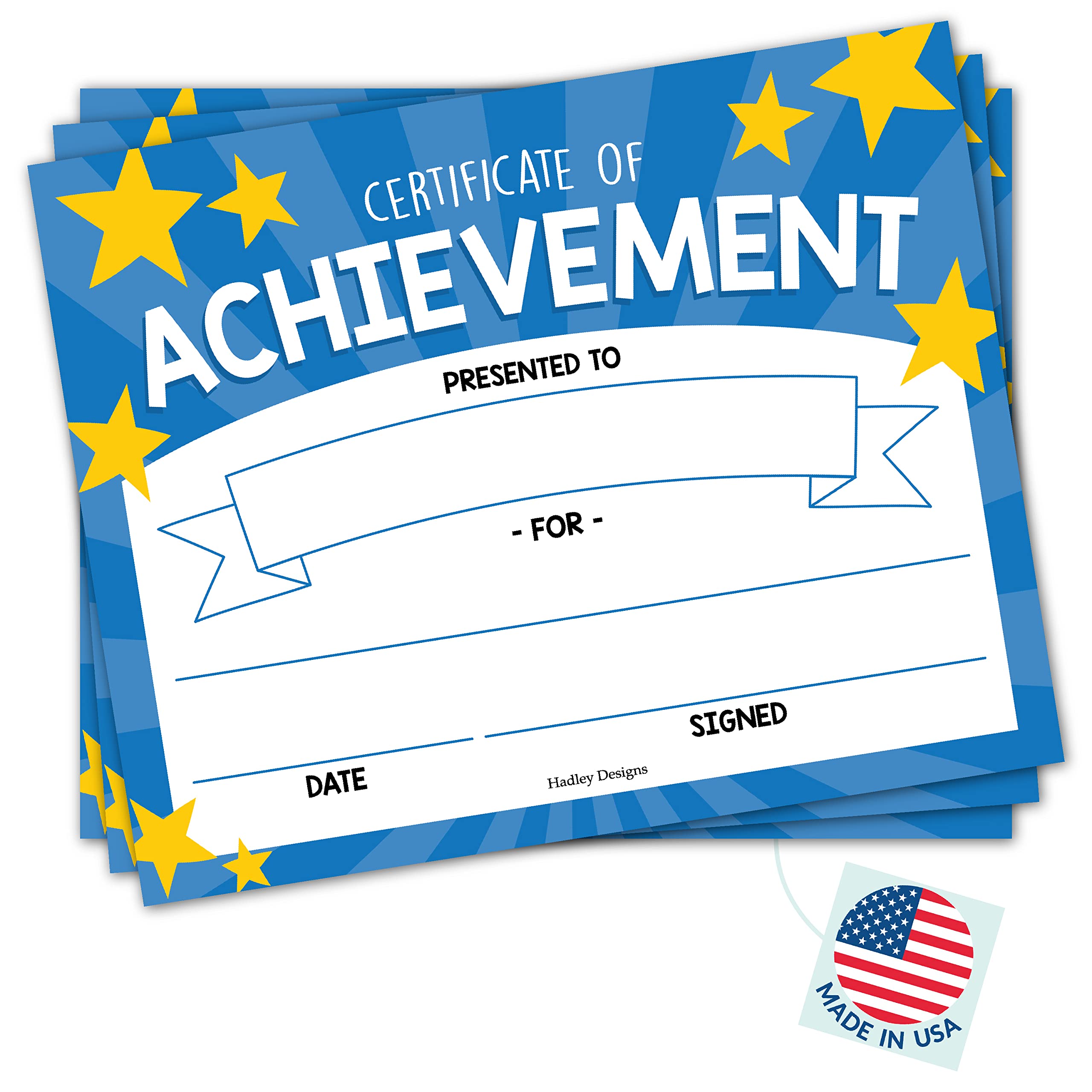 Certificate of Achievement Awards - 25 Student Award Certificates for Kids, 8x10" Blank Award Certificate Paper, Preschool & Kindergarten Graduation Certificates, Blue Stars Theme