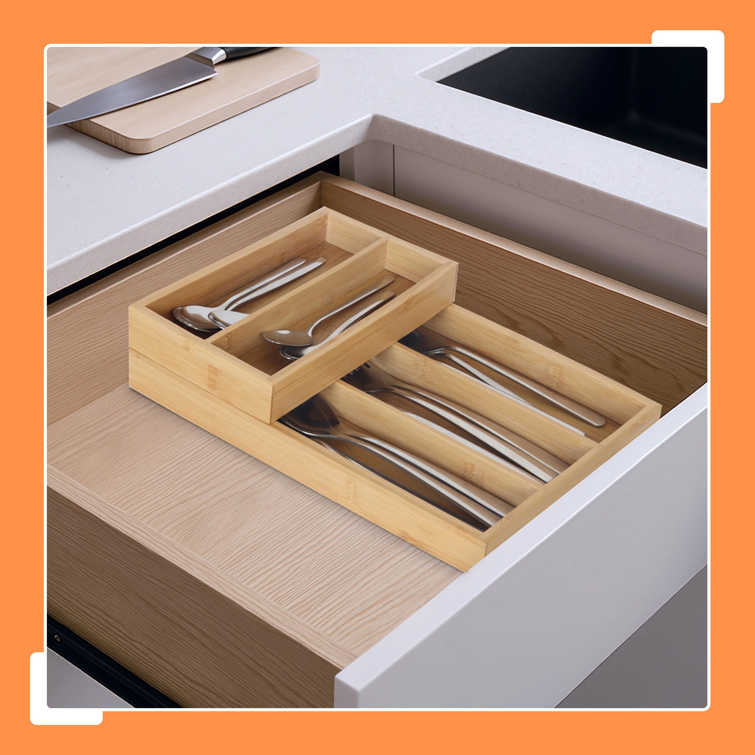 Relaxdays Inserto de Cubiertos de bambú, 2 Piezas, 6 Compartimentos, apilable, Organizador de cajón, Natural